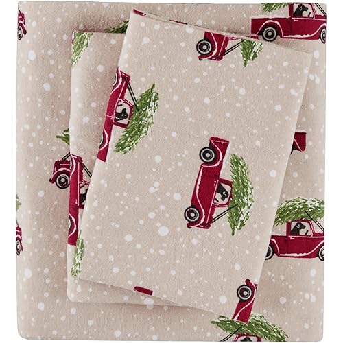 Woolrich Cotton Sheet Set Cottage Charms Print, 100% Cotton Flannel Sheets Warm & Fuzzy Bedding Set Queen Size Sheets, Fitted Pocket Fits Up to 14" Mattress, Queen Tan Cars, 4 Piece
