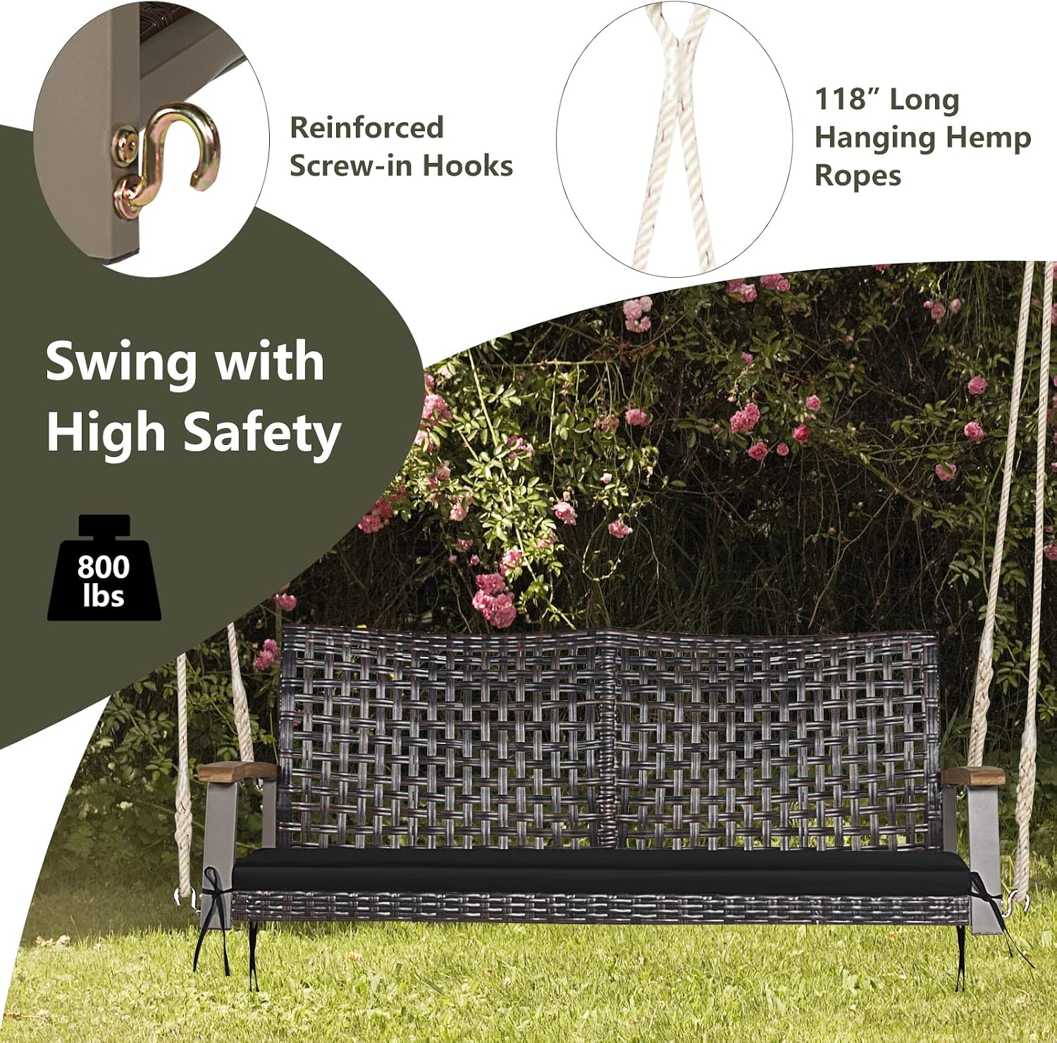 Tangkula 2 Person PE Wicker Porch Swing Bench, Outdoor Hanging Swing with Soft Seat Cushion and Hanging Ropes(Length of 118" for Each Chain), 800 LBS Weight Capacity