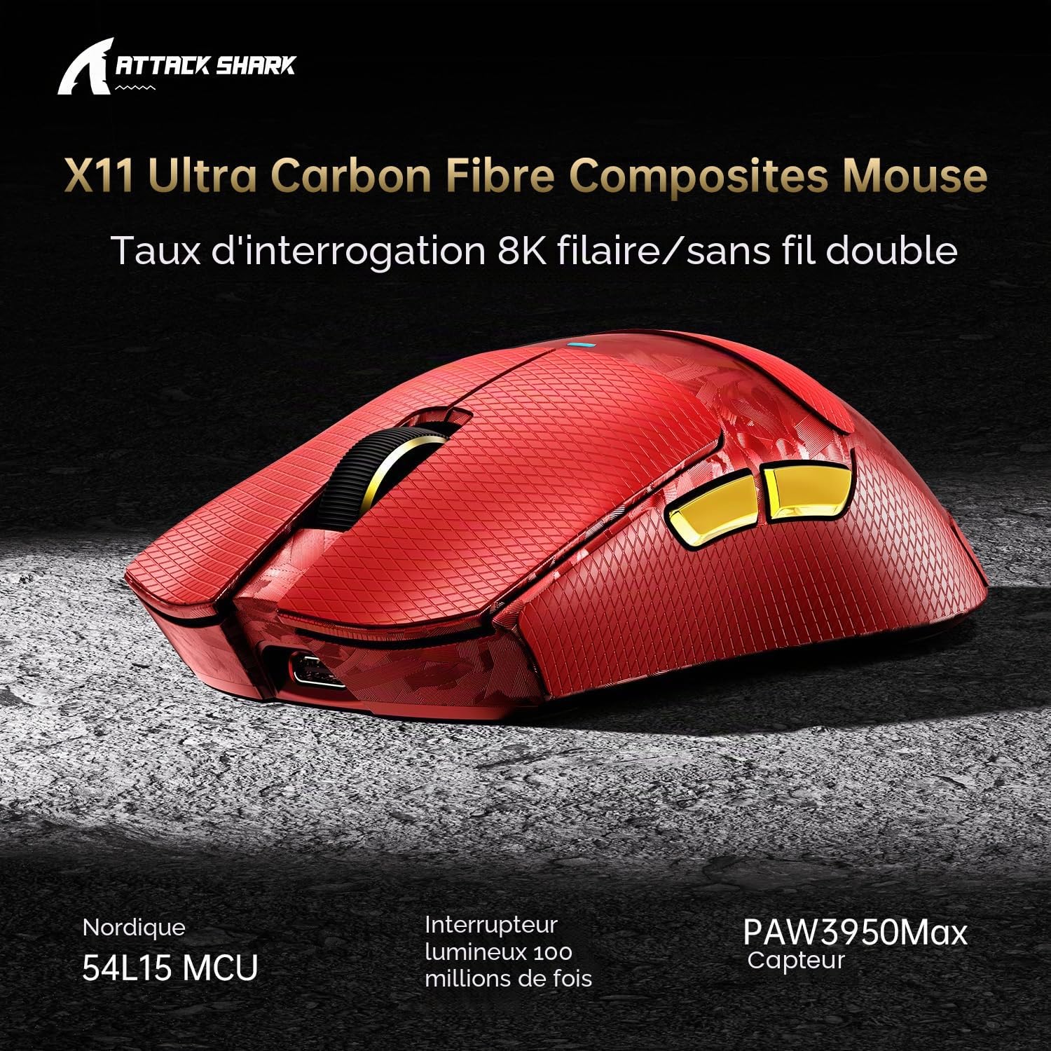 ATTACK SHARK X11 Ultra Wireless Gaming Mouse, Ultra-Light 63g, 42K DPI, 8K Polling, Nordic Chip, Carbon Fiber, for Esports & Pro Gamers