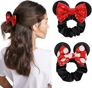 Women's Sequins Hair Bow Scrunchies, Velvet Mouse Ear Hair Ties for Ponytail, Party Favors, Cosplay Costume, Cute Accessories - Red Black