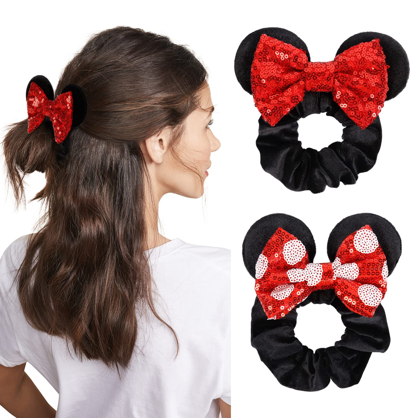 Women's Sequins Hair Bow Scrunchies, Velvet Mouse Ear Hair Ties for Ponytail, Party Favors, Cosplay Costume, Cute Accessories - Red Black