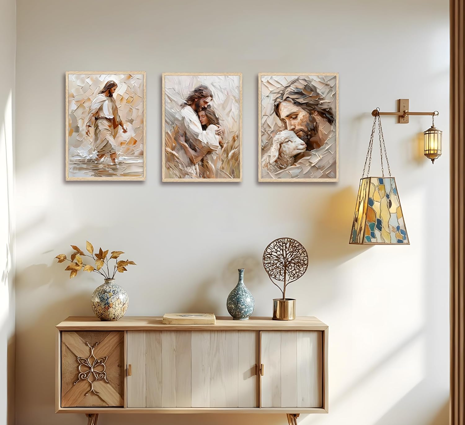 FJKLRP 3pcs Jesus Wall Art Beige Texture Oil Paintings Christian Canvas Prints Poster Good Shepherd Embracing Walking on Water Religious Wall Decor For Bedroom Living Room Church Home Decor Unframed