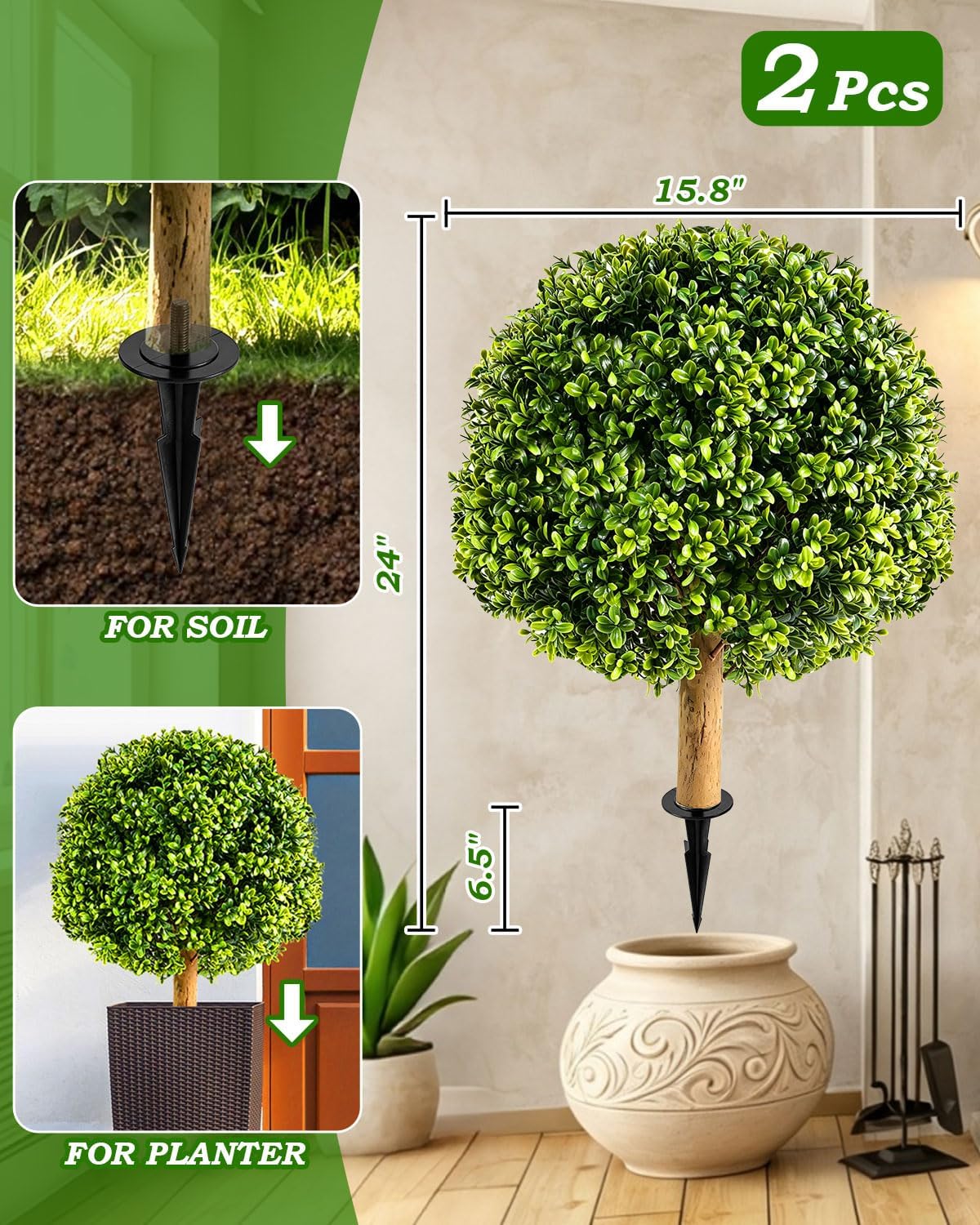 24in Artificial Topiary Boxwood Ball Trees with Camellia,2Pack,
