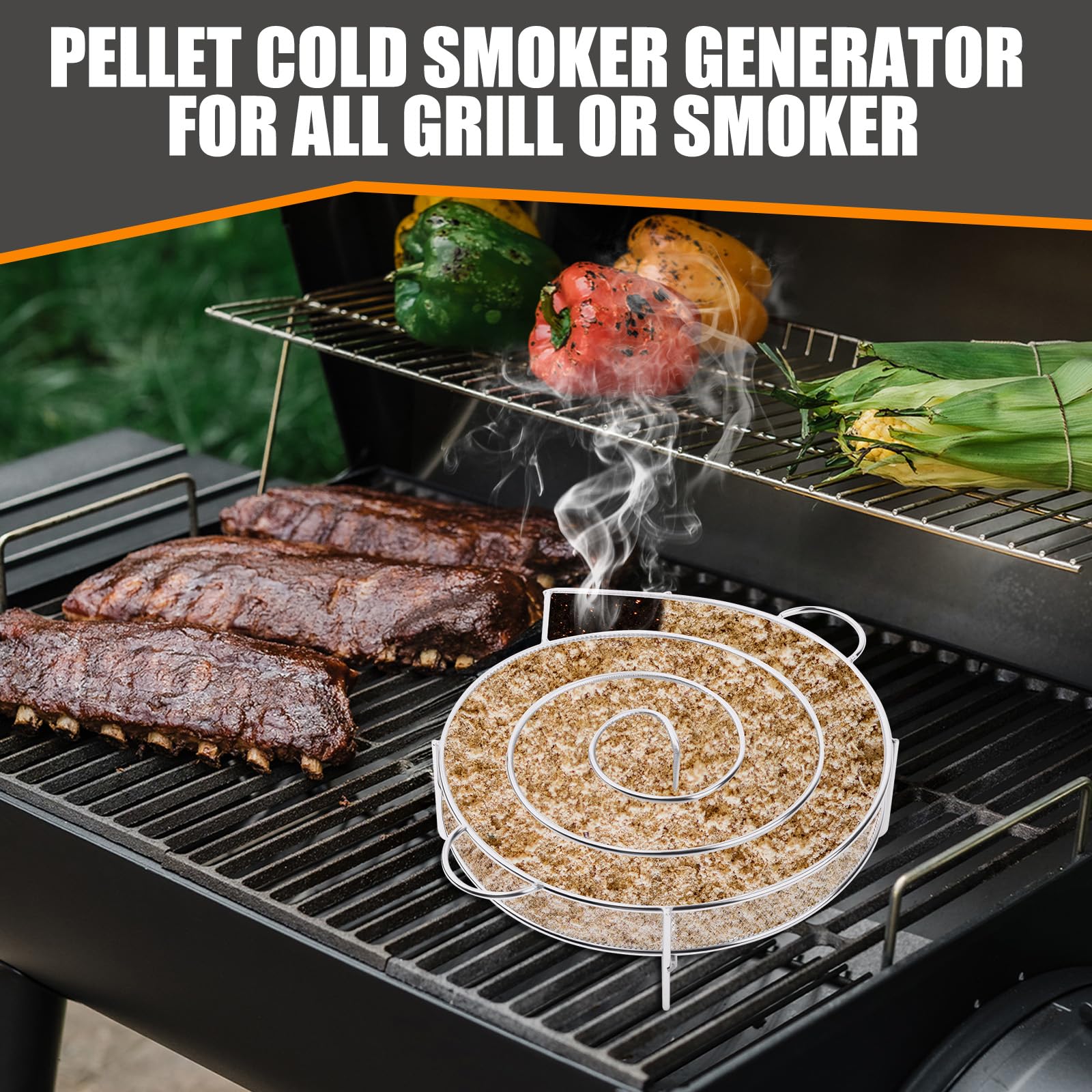 Generatore di Fumo Freddo Acciaio Inossidabile per Affumicatura a Freddo e Caldo Barbecue Affumicatore con Ganci e Spazzola Rotondo