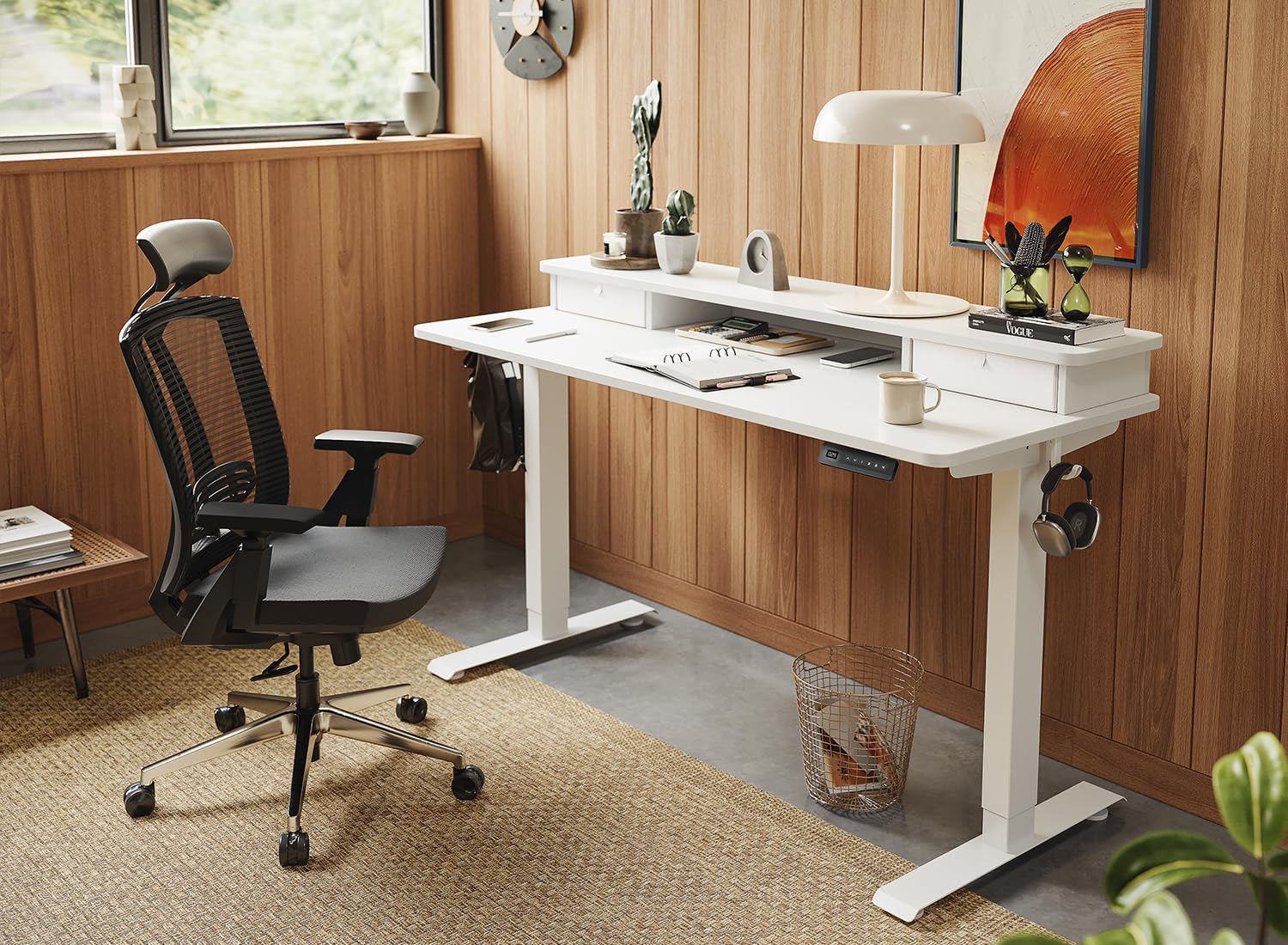 FEZIBO 48 x 24 Inch Height Adjustable Electric Standing Desk with Double Drawer, Computer Desk, Home Office Stand Up Table with 4 Height-Adjustable Feets & 2 Hooks, White - 2