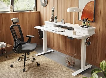 FEZIBO Height Adjustable Electric Standing Desk with Double Drawer, 100 * 60cm Stand Up Table with Storage Shelf, Sit Stand Desk with Splice Board, White Frame/White Top