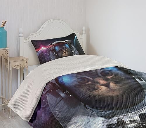 Miniatura 4 de Ambesonne Space Cat - Juego de colcha decorativa acolchada de 2 piezas con 1 funda de almohada, tamaño individual, azul oscuro, negro y blanco