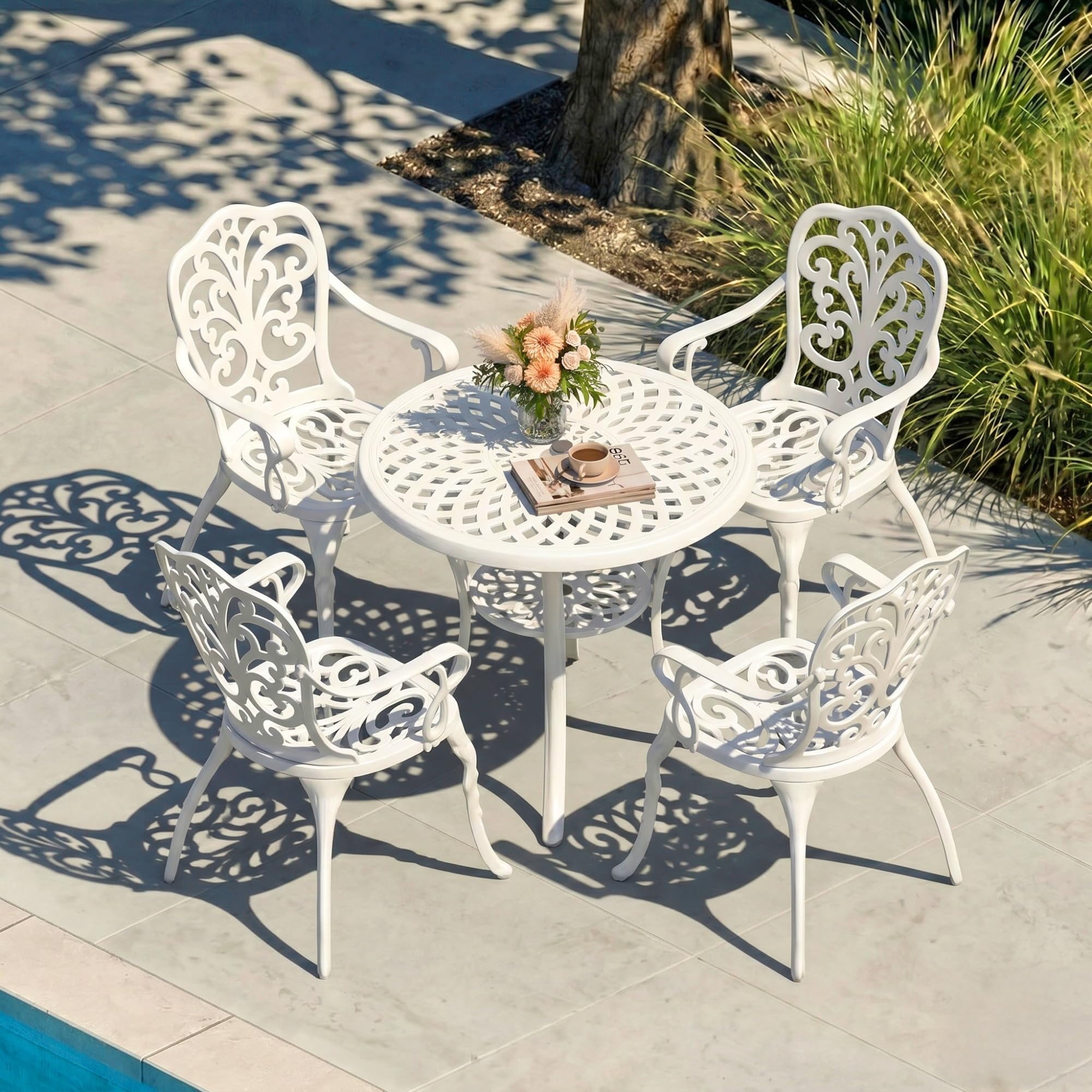 DEVOKO 4-Seater Outdoor Cast Aluminum Bistro Set with Round Table & Ornate Floral Design – Weather-Resistant Patio Furniture for Garden, Balcony & Poolside (White)-picture-53