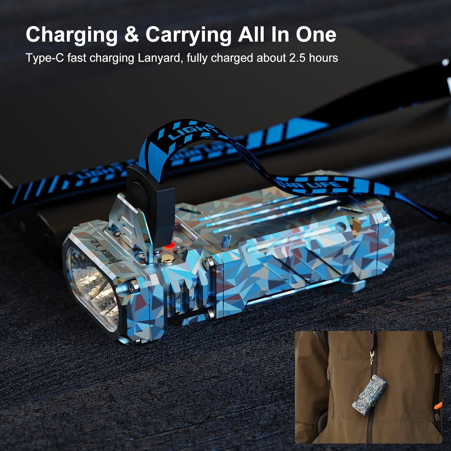 WUBEN X2 Flashlight being charged via its innovative Type-C charging lanyard, also showing it clipped to clothing.