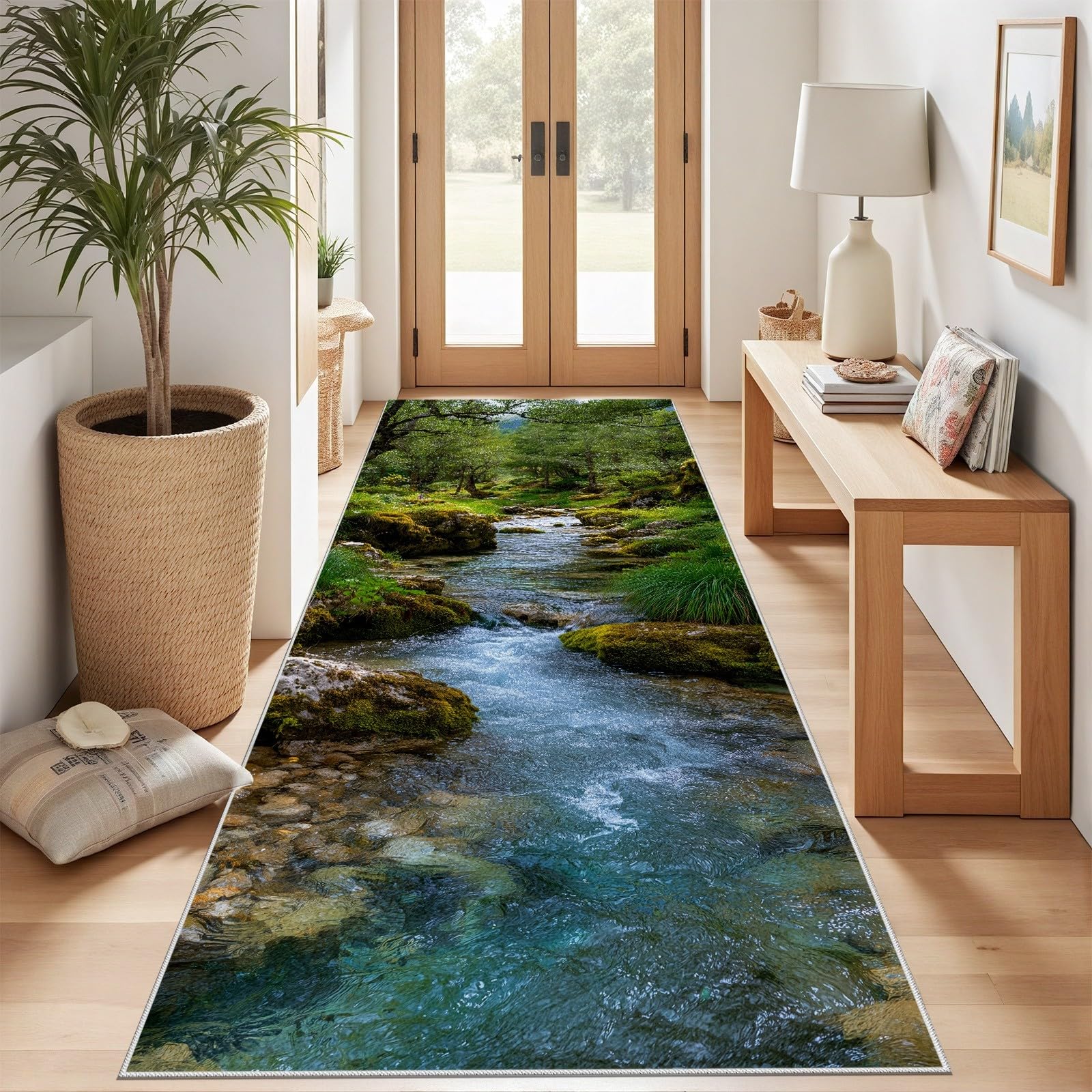 Wald Creek Teppich Läufer, Küchenteppich Moos Felsen Teppiche Waschbarer rutschfest 80x200 cm, Natur Bachtal Teppichläufer, Carpet für Flur Schlafzimmer Küche