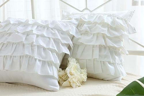 Vista 194 de Fundas de almohada cuadradas blancas con volantes, fundas de almohada europeas, 100% algodón, 18 x 18 pulgadas, 2 unidades Blanco 3
