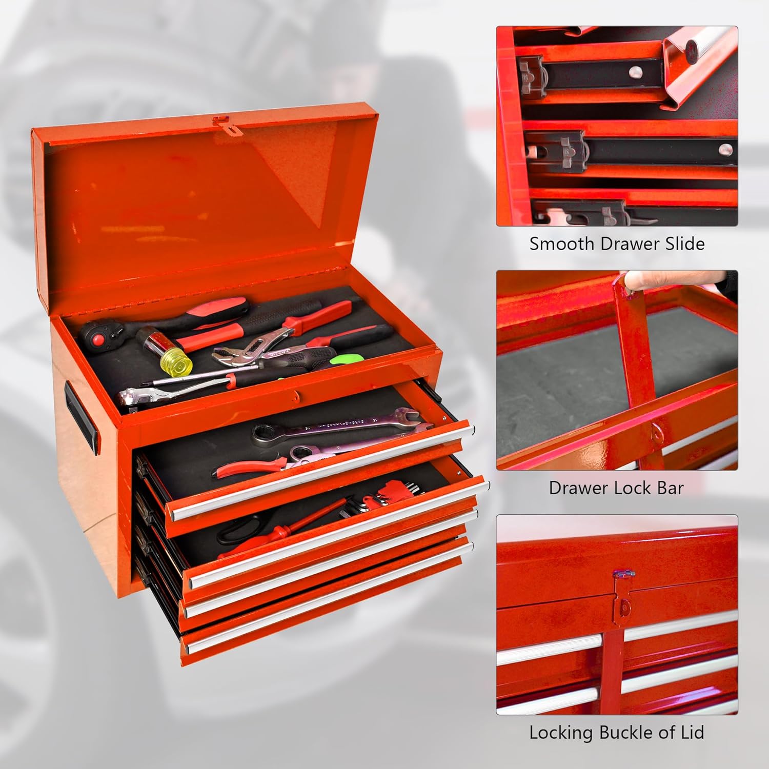 5-Drawer Tool Chest, Rolling Tool Box with Detachable Top Toolbox & Universal Wheels, Tool Cabinet with Lock Bar, Protective Liner & Tool Rack, Metal Storage Cart for Garage,Workshop (Orange)