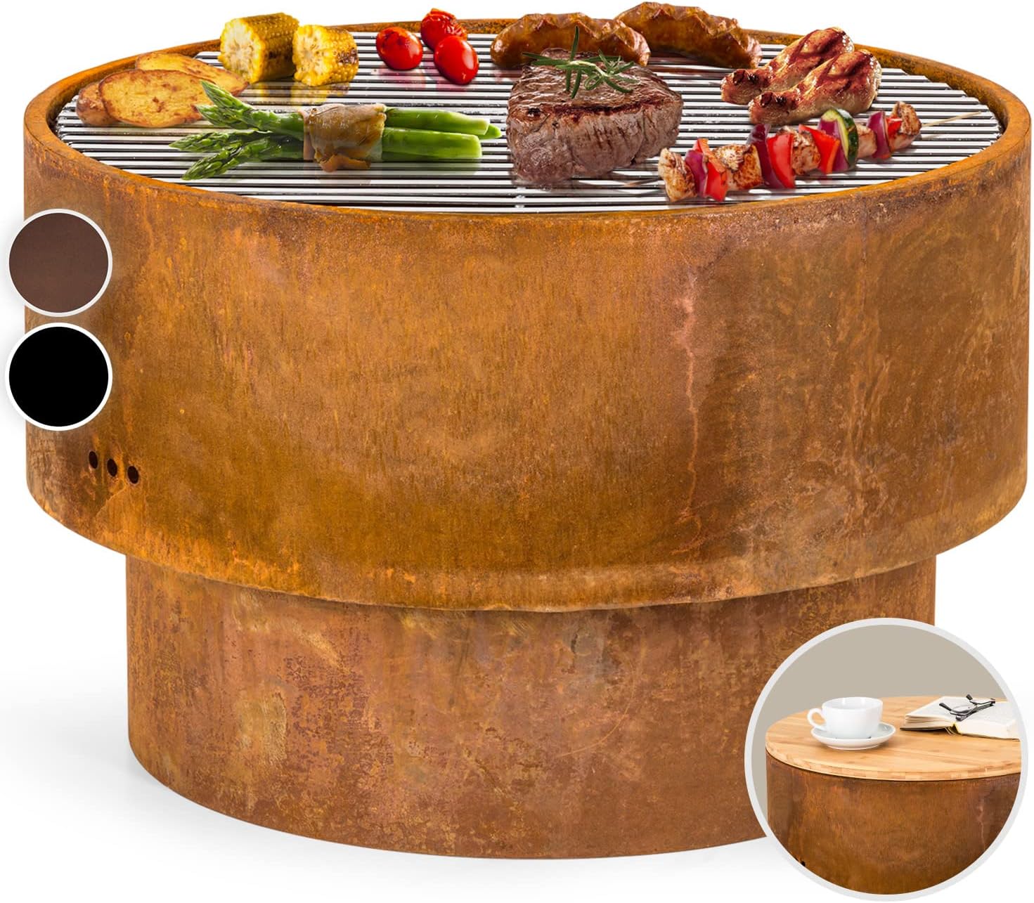 Brasero De Jardin En Acier Avec Plancha Ø75 Cm Et Grille BBQ - Foyer à Bois, Plan De Travail, Roues - 6