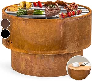 Blumfeldt Braciere Da Giardino Pompeii 3 In 1 – Acciaio Corten Con Griglia E Coperchio In Bambù