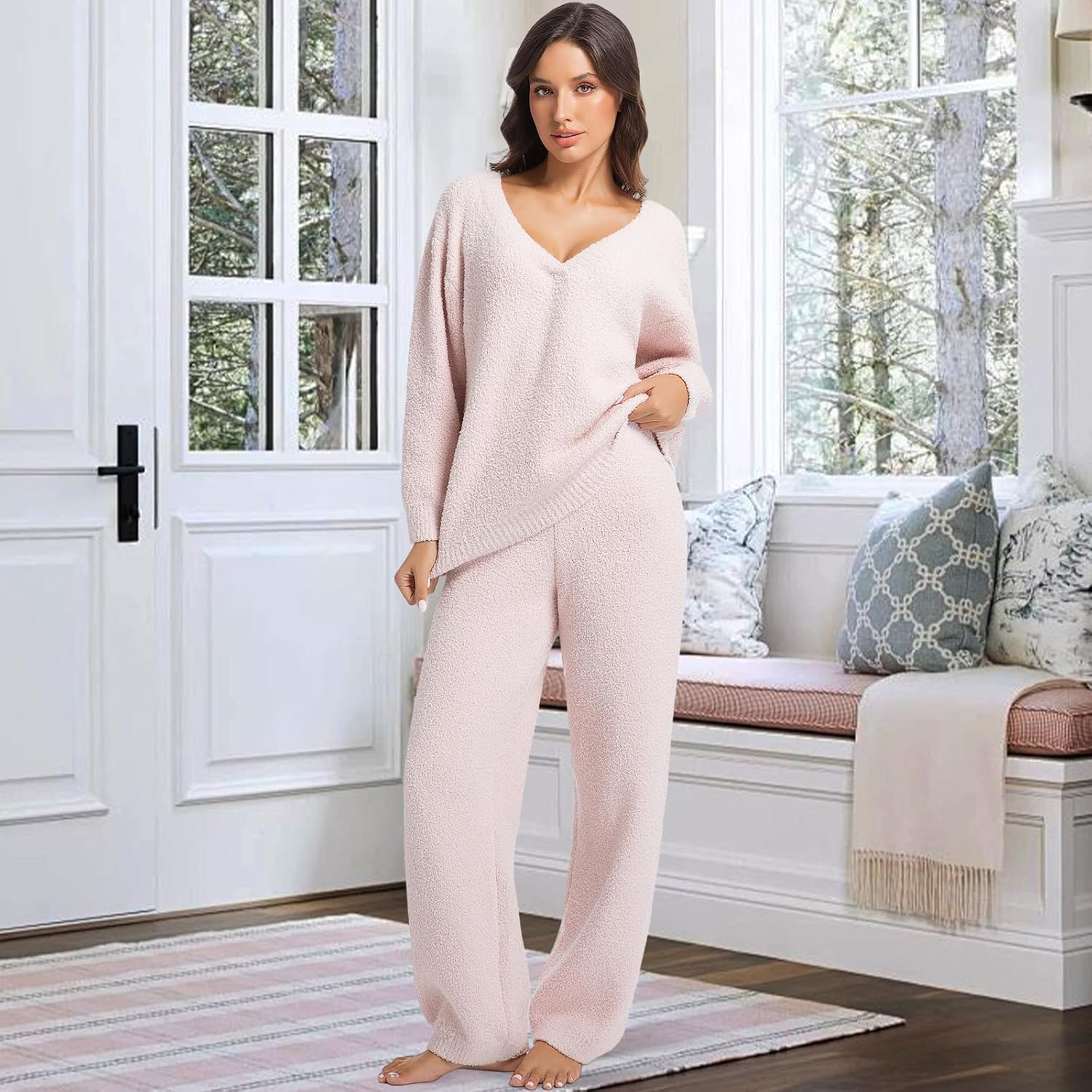2 Piece Fleece Pajamas for Women Sets V-Neck Outfits Sweater Womens Long Sleeve Fuzzy Loungewear Pajama Set - Image 4