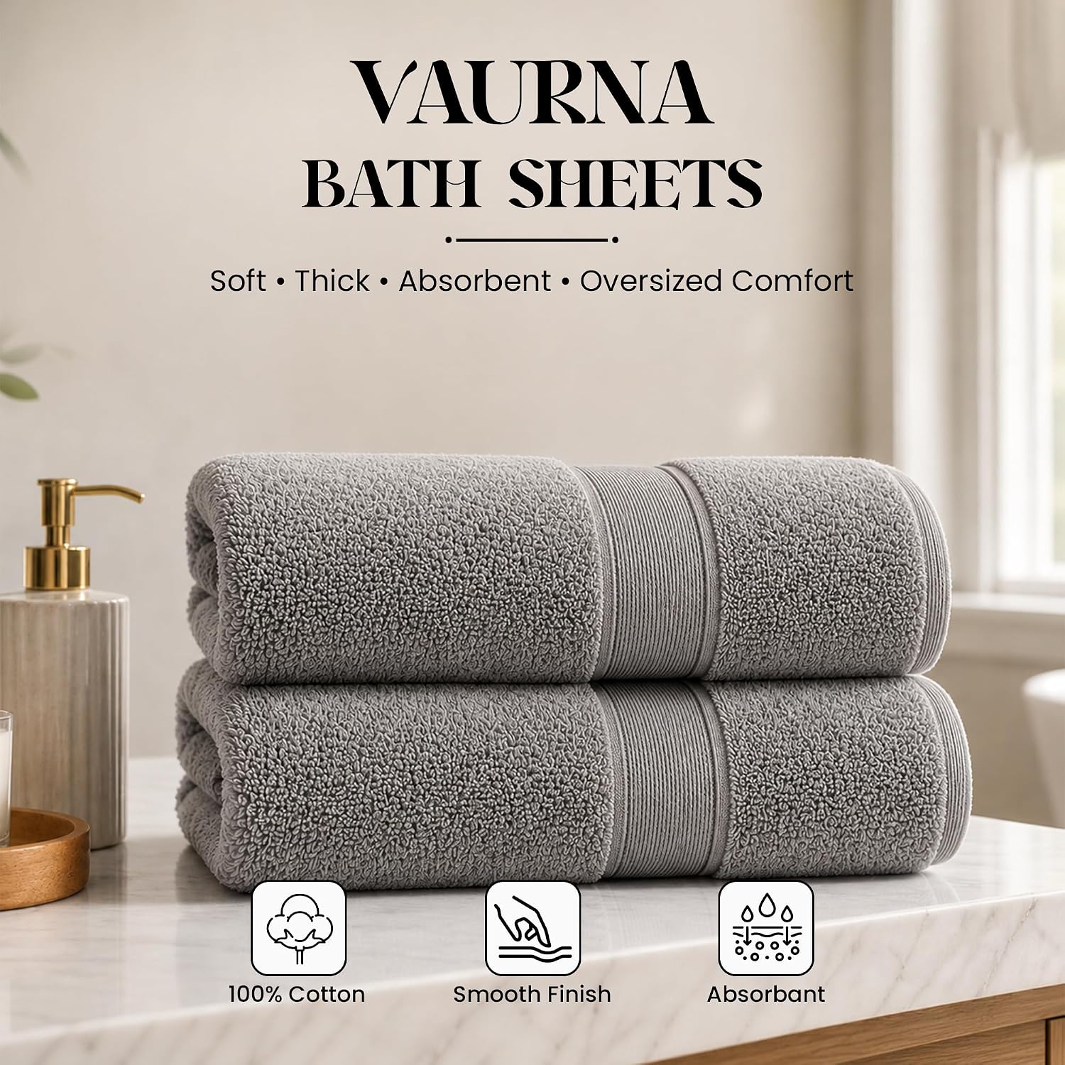 Bath Sheets 2 Pack, Oversized Bath Towels 40 x 70 Inch, 100% Cotton Towels, 700 GSM Zero Twist Towels, Soft Absorbent Large Bath Towels, Preshrunk Cotton Bath Sheet Set, Oyster (Gray)