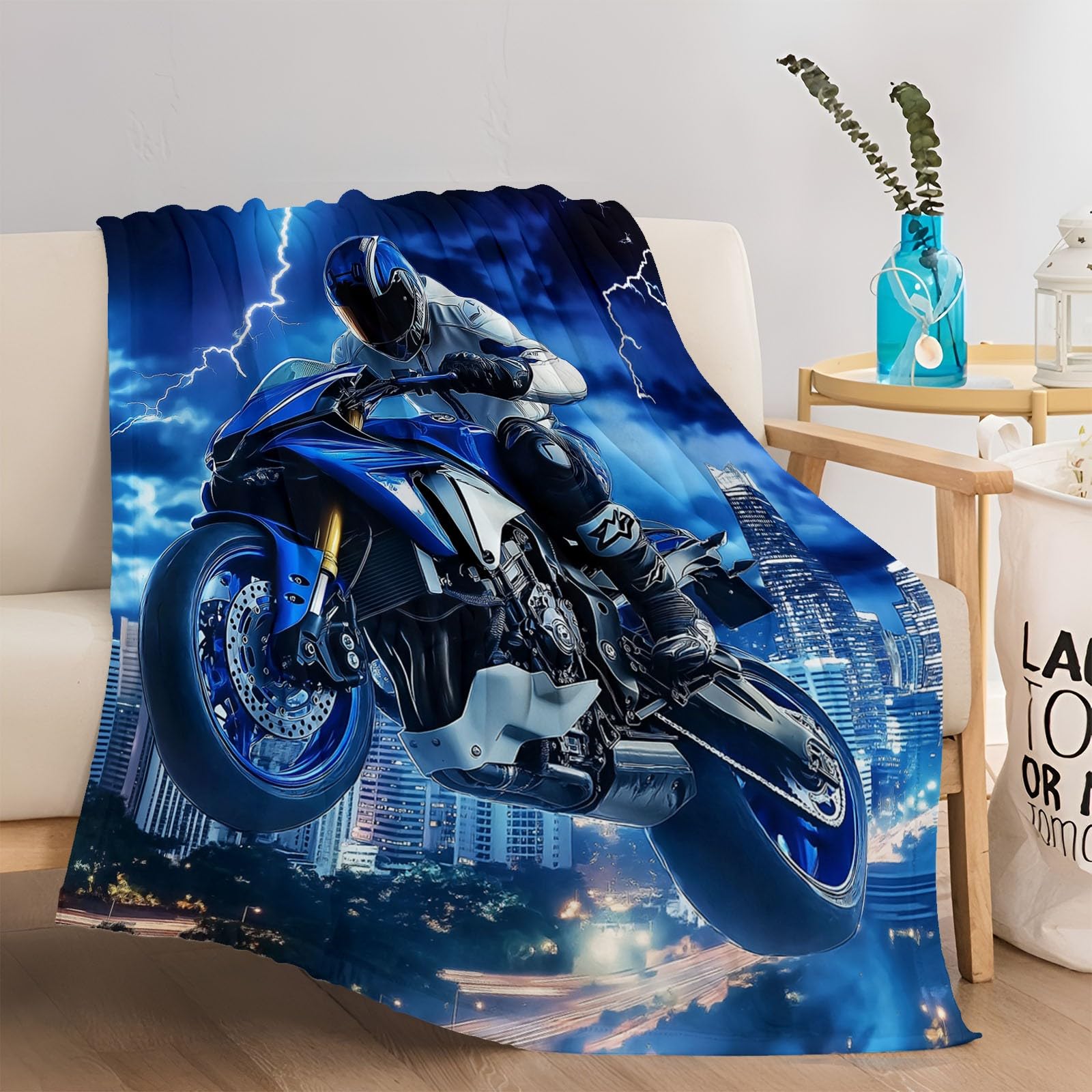 Fantazyjny koc polarowy miasto motocykl drukowany niebieski nadruk miękki puszysty flanelowy łóżko narzuta 220 x 240 cm sofa odpowiednia dla dorosłych i dzieci pozostań ciepły zima