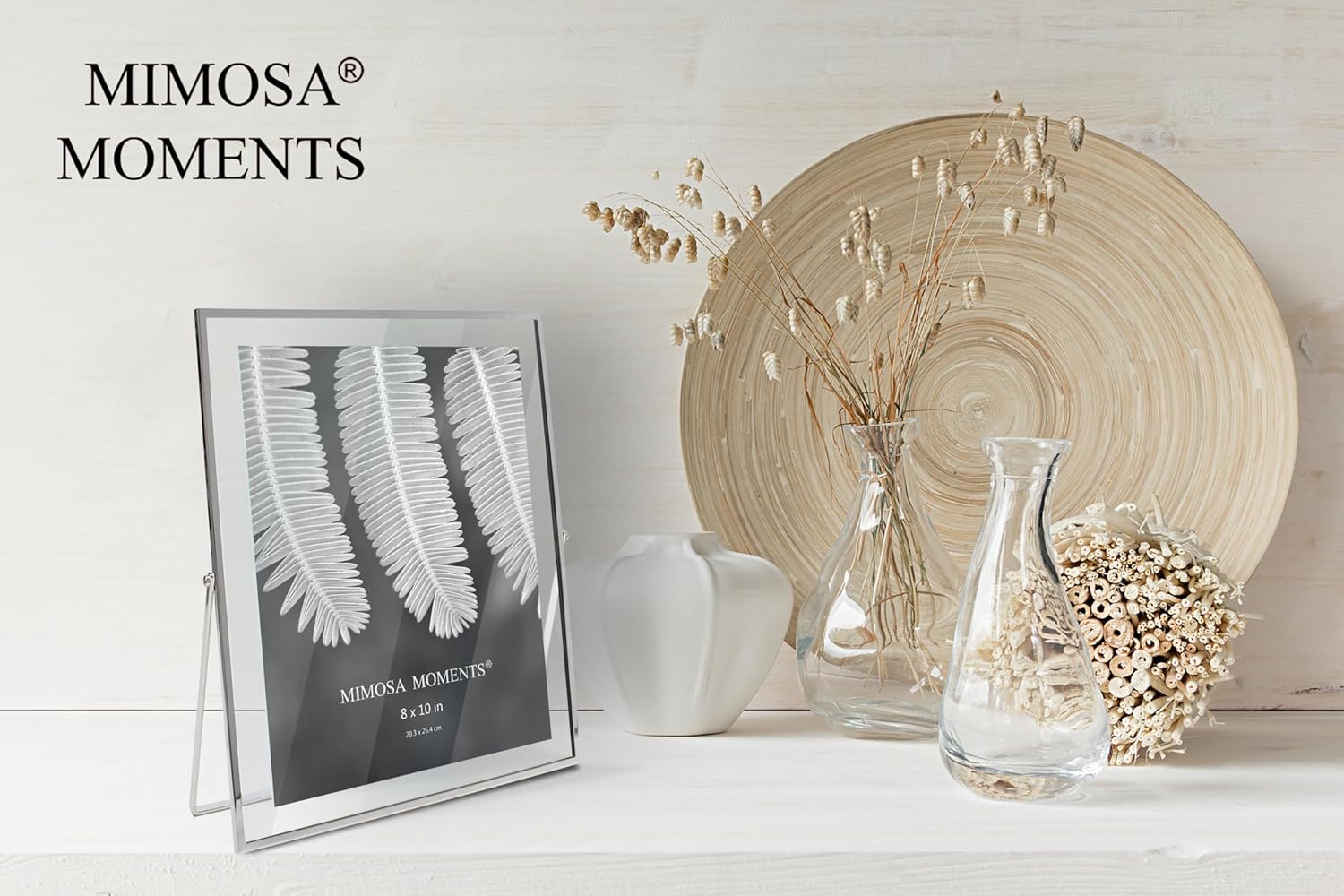 MIMOSA MOMENTS 8x10 Silver Metal Floating Picture Frame, Double Glass Tabletop Display, Modern Minimalist Photo Frame for Home & Office Decor