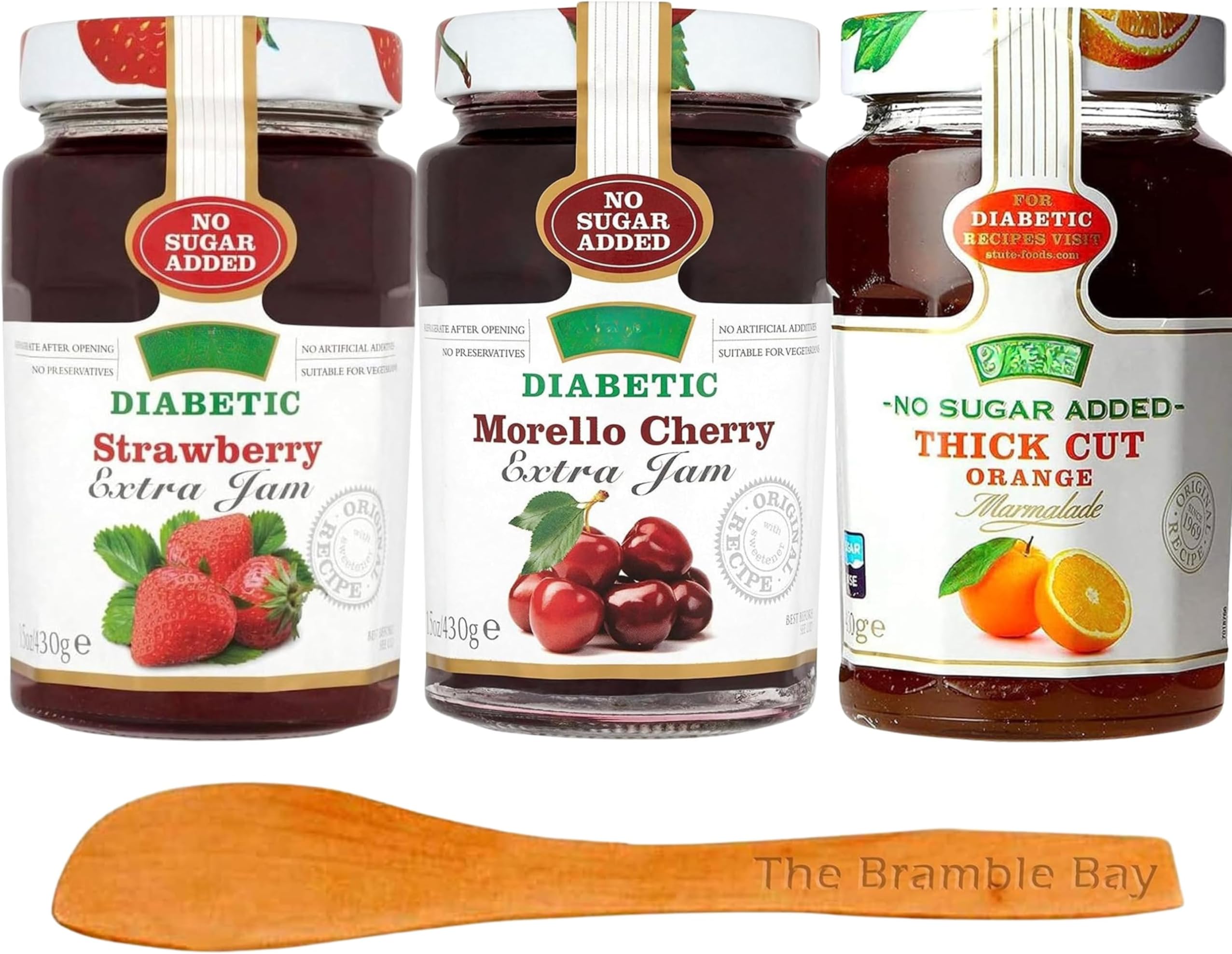 Diabetic Marmalade Food bundle includes No Added Sugar Strawberry Jam, Morello Cherry Jam, Thick Cut Orange 430g, Wooden spreader