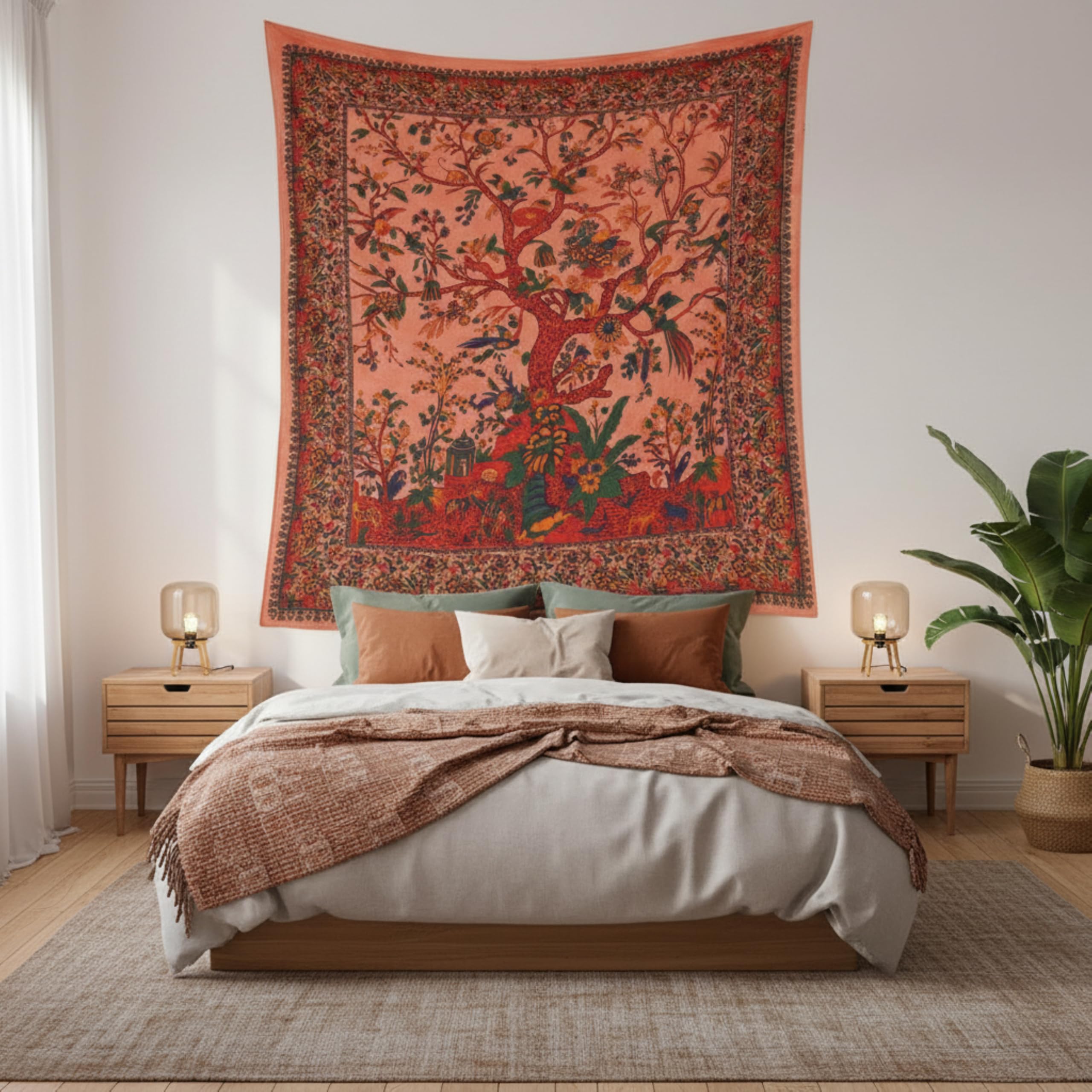 Craft Trade Orange Arbre Tapisserie Indien Tissu Mural Tapestry Tenture Murale Tapisseries Bohème pour Décor Maison Salon et de la Chambre à Coucher- 137 x 213 cm