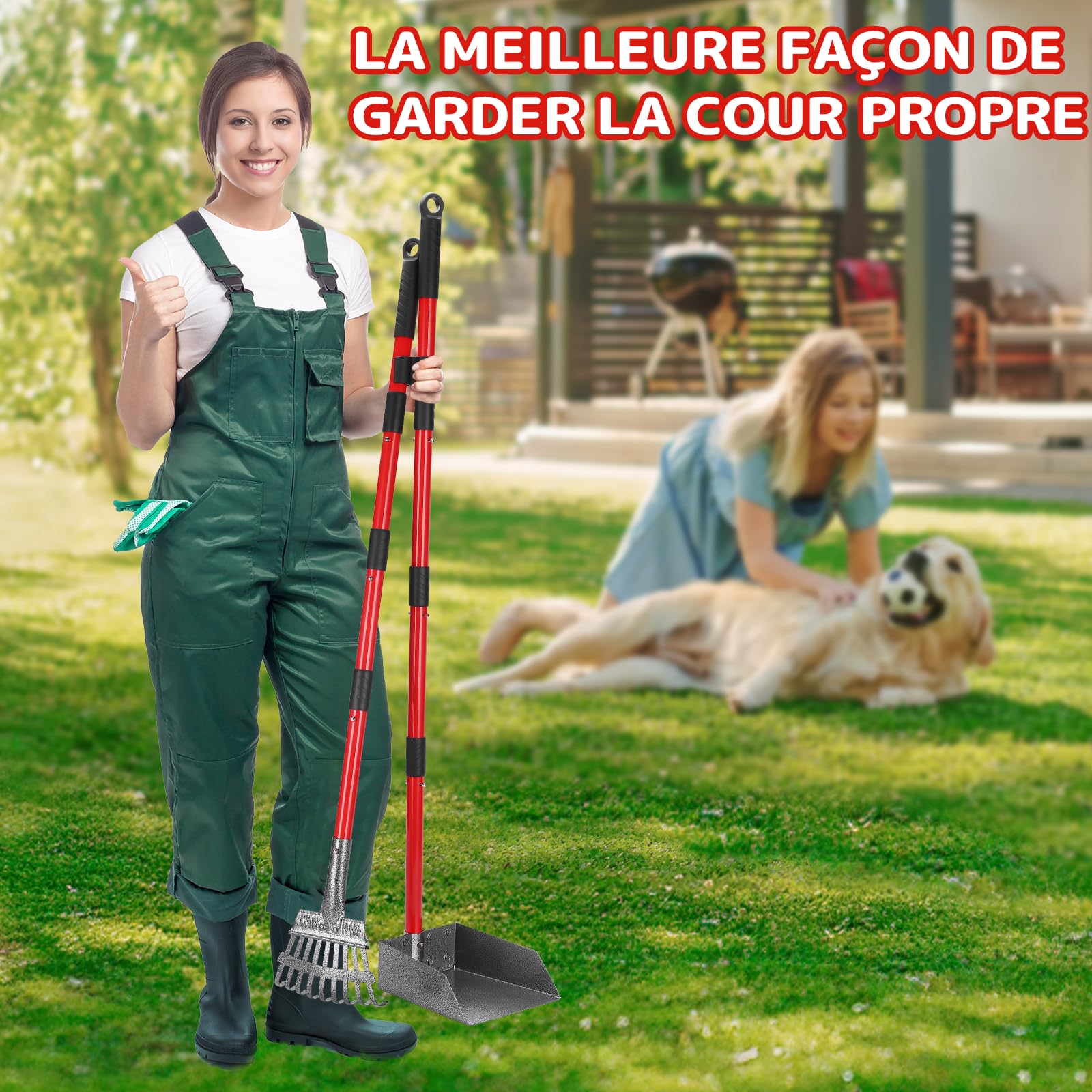 Ramasse Crotte Chien, Pelle a Crotte pour Chien en Métal, Longue Poignée en Acier Inoxydable à Utiliser sur la Cour, l'herbe, la Terre ou Le Gravier (Rouge)