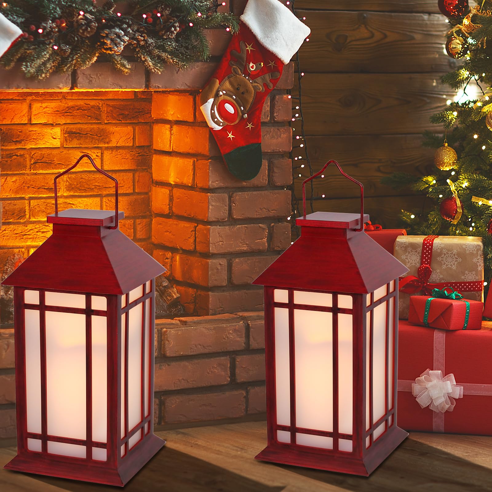 Faroles blancos decorativos para exteriores – Faroles de metal navideños festivos, paquete de 2 faroles colgantes para interiores y exteriores, decoraciones de fiesta de vacaciones