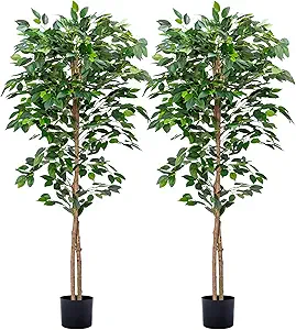 2Packs 5FT Artificial Ficus Trees with Realistic Leaves and Natural Trunk, Faux Ficus Tree with Sturdy Plastic Nursery Pot, Fake Ficus Tree for Office Home Farmhouse for Indoor Outdoor Decor