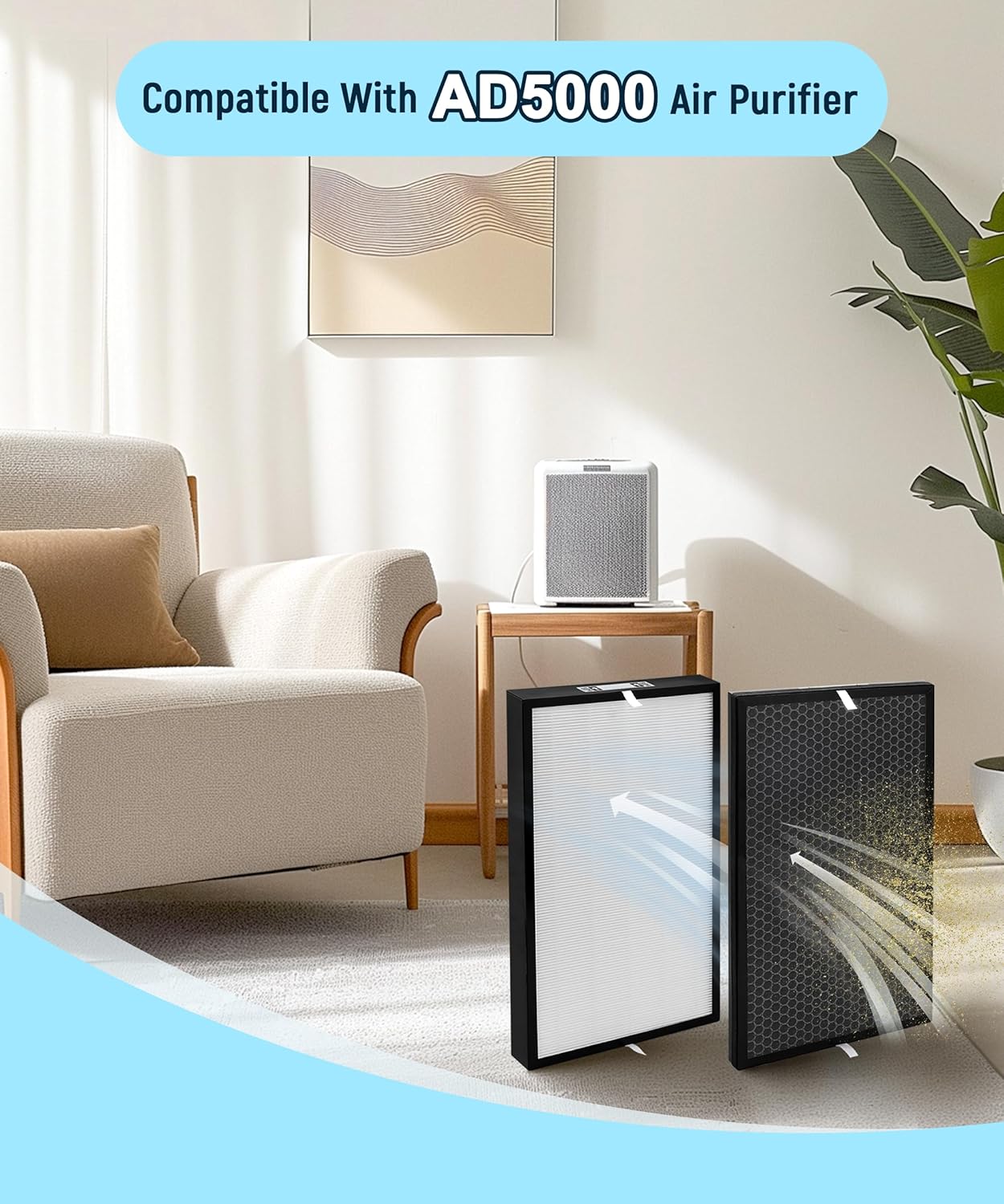 4-Pack AD5000 Replacement Filter Compatible with Air Doctor 5000 Air Purifiers - 2 Premium Filters + 2 Activated Carbon Filters, Replaces Part # ADF5005, ADF5006, ADF5001(Not for 5500 Series)