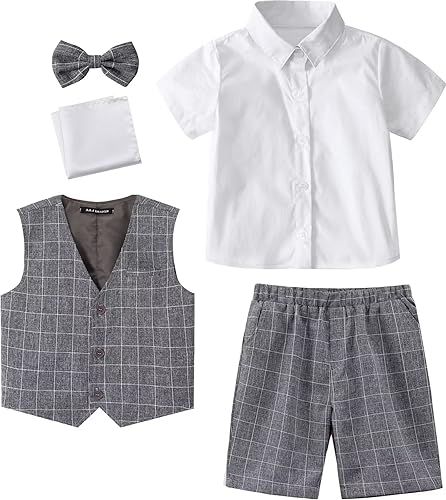 Miniatura 4 de A&J DESIGN Conjunto de trajes de 3 piezas para niño con chaleco, bolsillo cuadrado, pantalones cortos y pajarita (4-11 años)