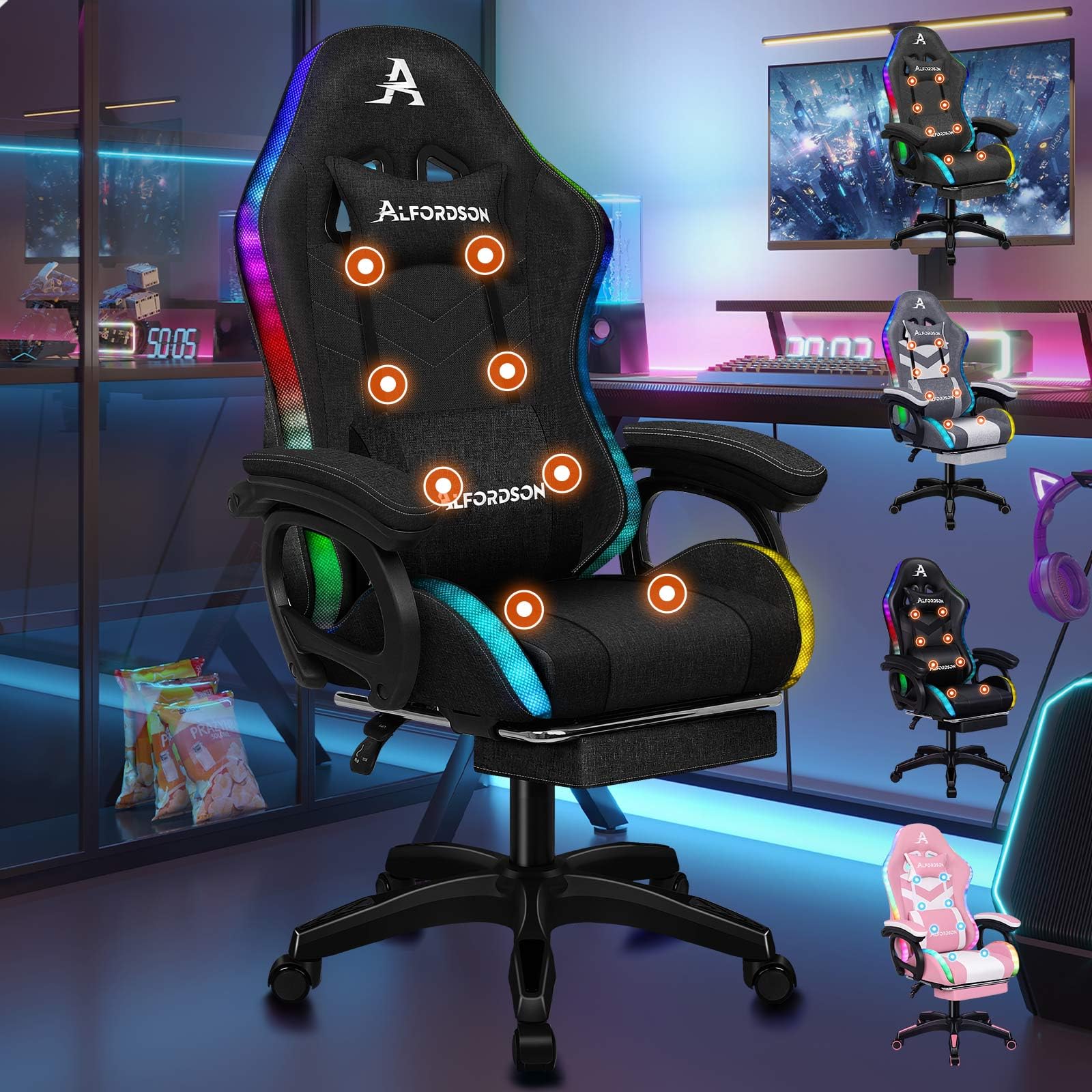 ALFORDSON Silla Gaming Racing, Silla Gamer Masaje con Iluminación RGB de 12 LED de Color, Sillón Ergonómico con Soporte Lumbar, Tumbona con Reposapiés, Material de Tela, Negro