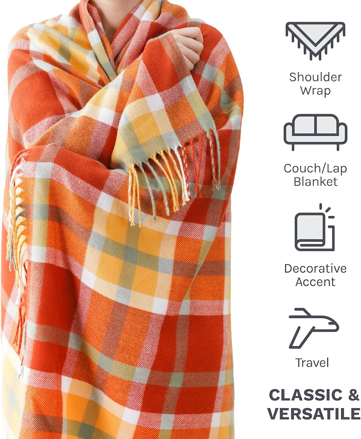 Fall Plaid Throw Blanket for Couch, Orange Plaid Blankt 50"x60", Fall Decor