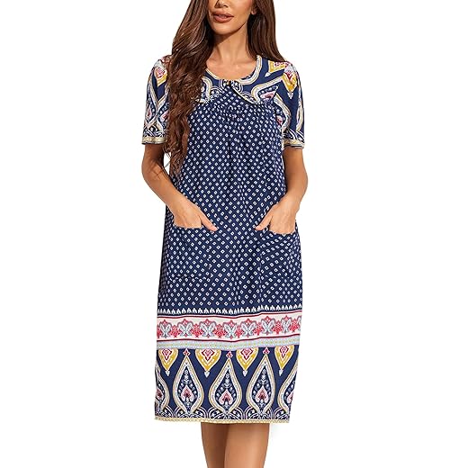 Ekouaer House Dresses for Women with Pockets Mumu Duster Short Sleeve Nightgown Lounger Printed Patio Dress, Navy, XX-Large