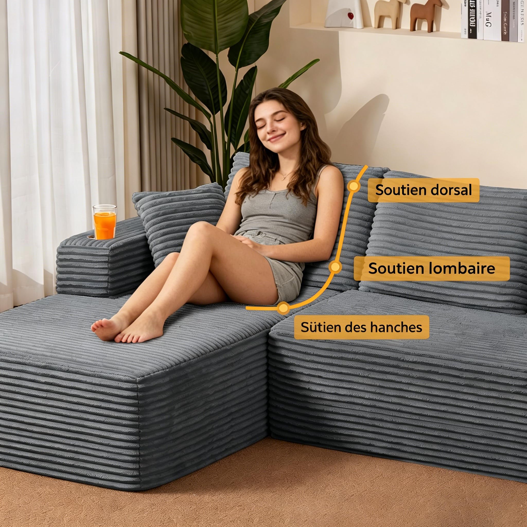 Canapé d'angle Convertible, 261cm Canapé en Forme de L, Canapé 3 Places avec Méridienne, Canapés Sectionnels sans Ossature pour Salon, Aucun Assemblage Requis, Gris foncé