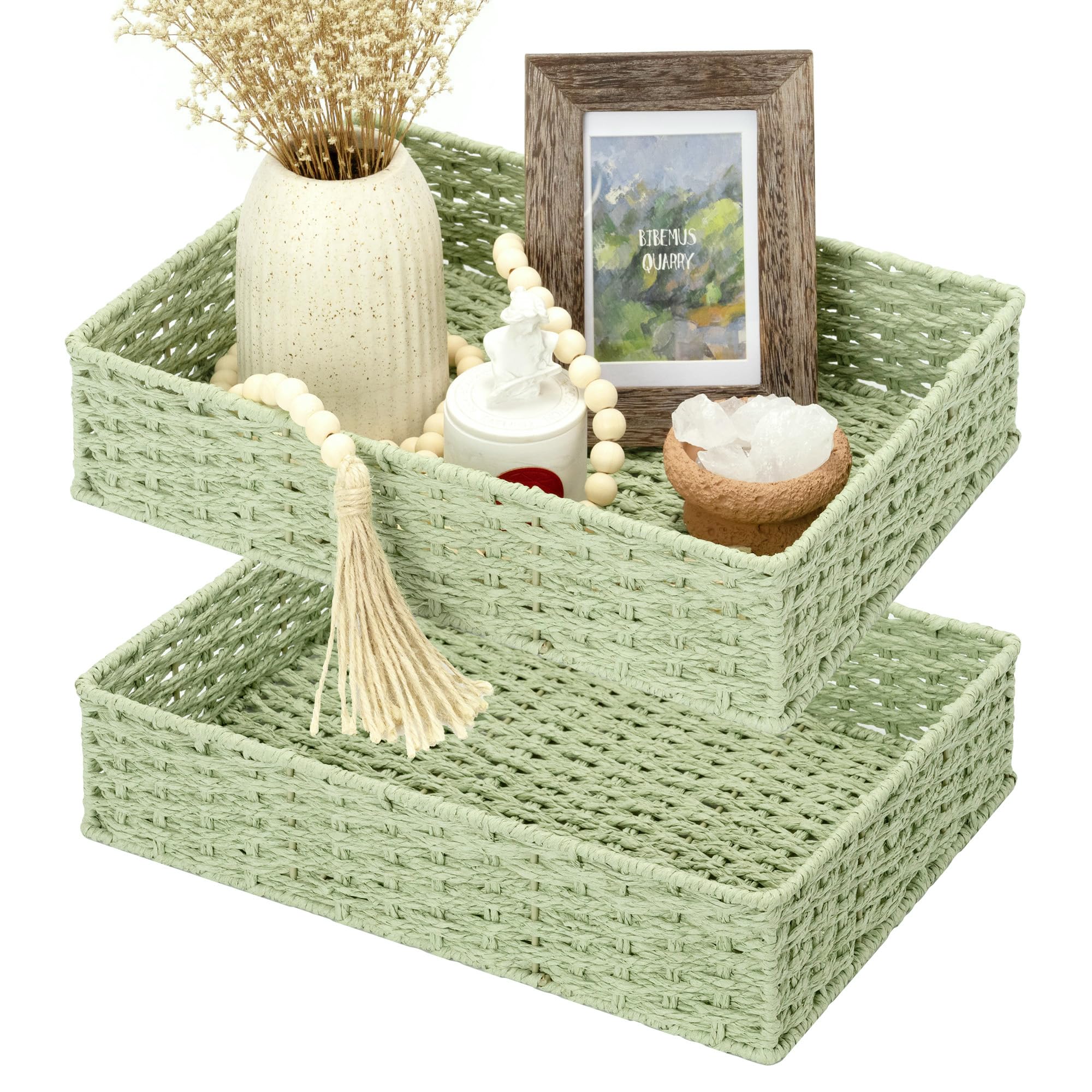 StorageWorks Bathroom Vanity Tray for Countertop, Bathroom Counter Tray for Decorative, Toilet Paper Baskets, Green, Larger, 2 Pack