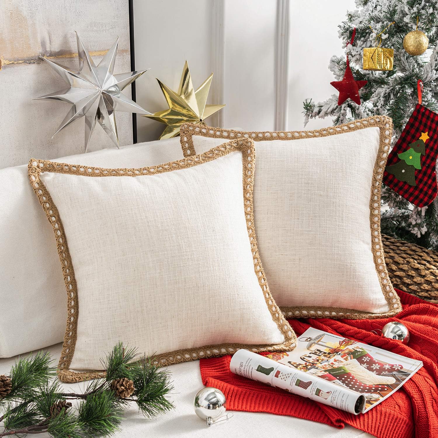 PhantoscopePack of 2 Farmhouse Decorative Throw Pillow Covers Burlap Linen Trimmed Tailored Edges Off White 18 x 18 inches, 45 x 45 cm