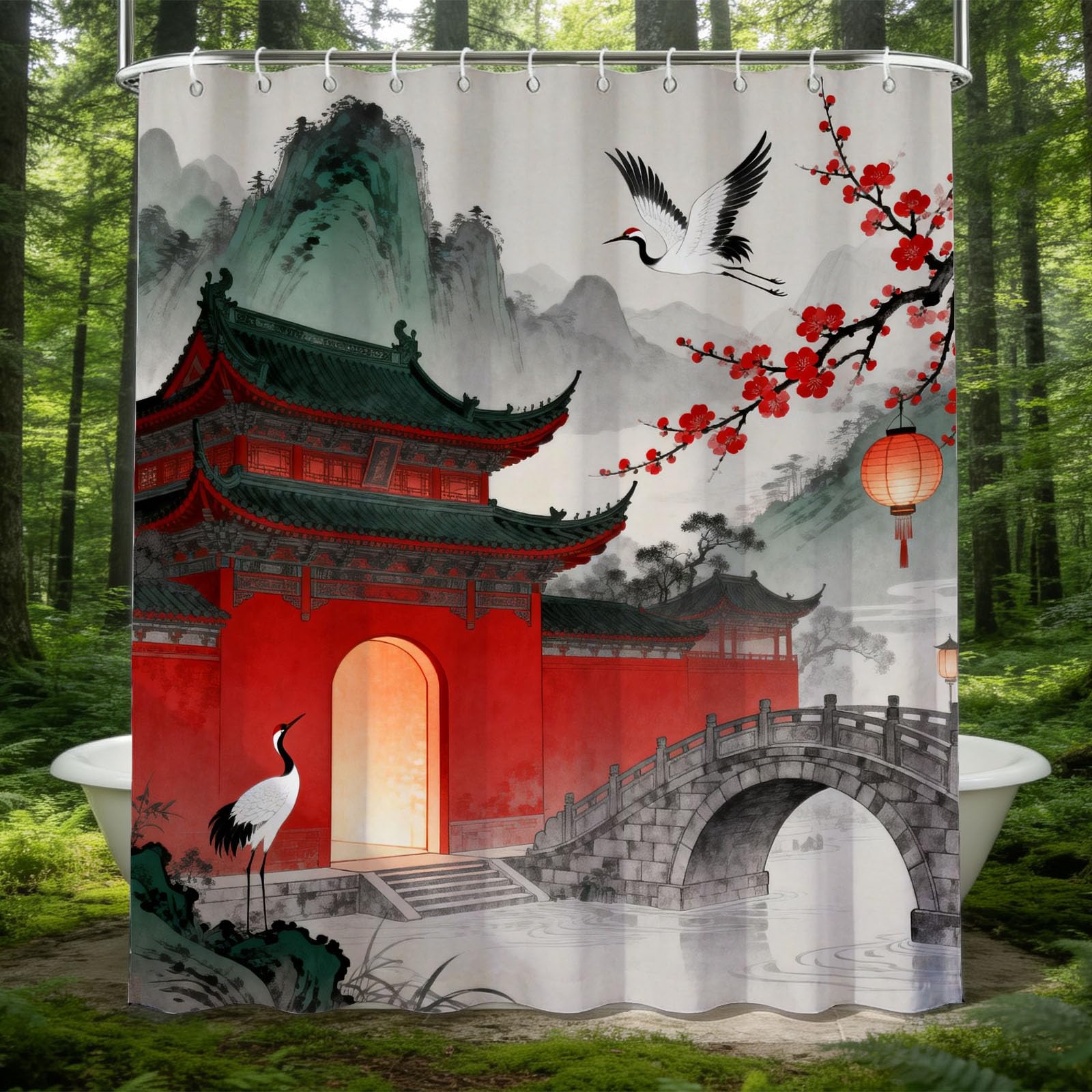 Hongduo White 3D Ancient Chinese Architecture Shower Curtain For Stalls Bathtubs Crane Bathroom Decor Shower Curtain Set Polyester Fabric Waterproof 180X180cm/71X71 Inch With Hooks