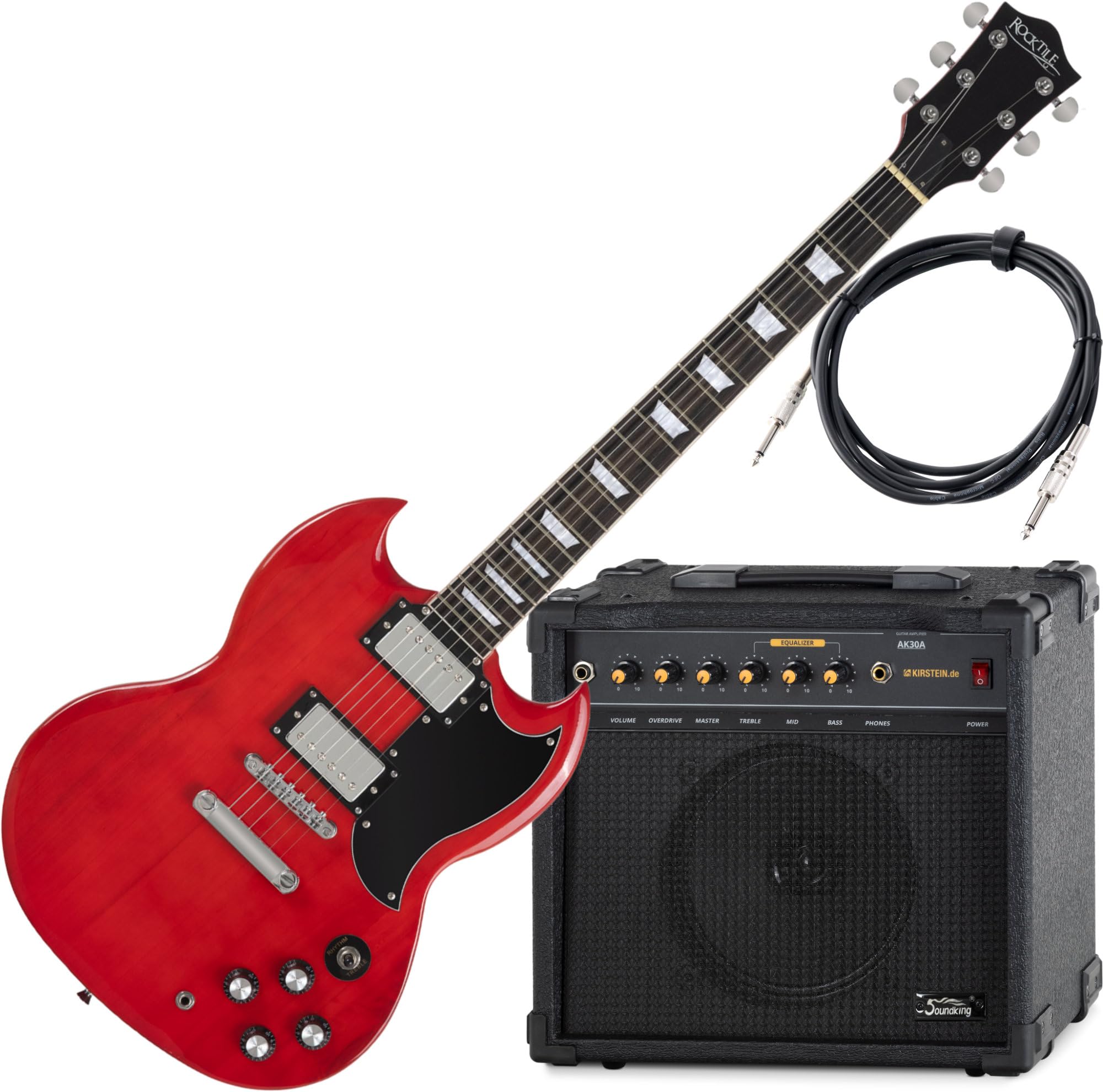 Rocktile Pro S-Red Guitarra Eléctrica Heritage Cherry AK30A Set, Serie: Pro | Modelo: S-Red, Peso: aprox. 3, 3 kg, Número de cuerdas: 6, Orientación: Diestros, Forma del cuerpo: Doublecut, Cuerpo: Tilo