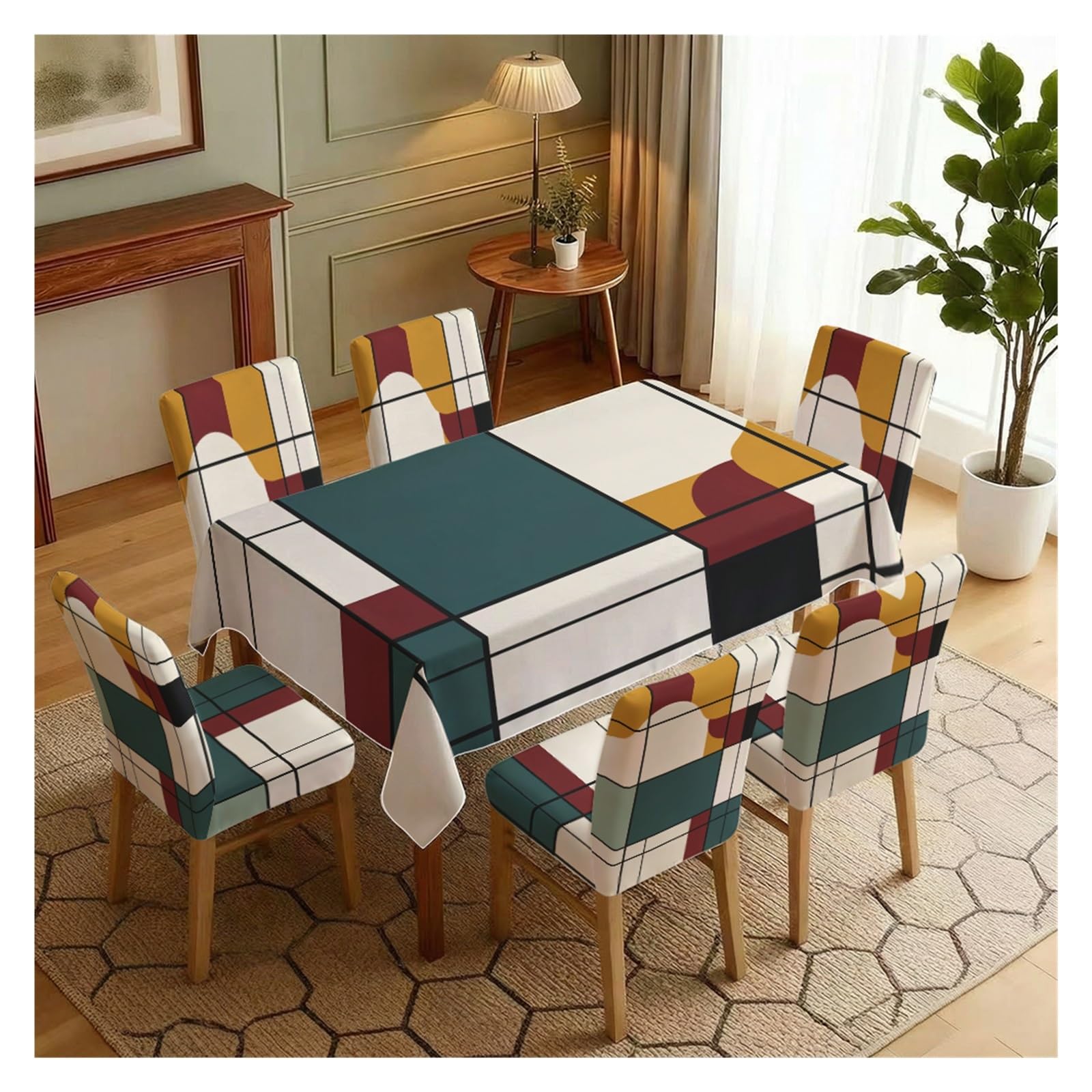 BOSUYBN Modern Geometric Color Block Line Art Print Dining Tablecloth & Chair Covers Set, 5/7 Piece Mid Century Minimal Dining Decor Table Setting(7pcs Set: Tablecloth+Chair Covers)