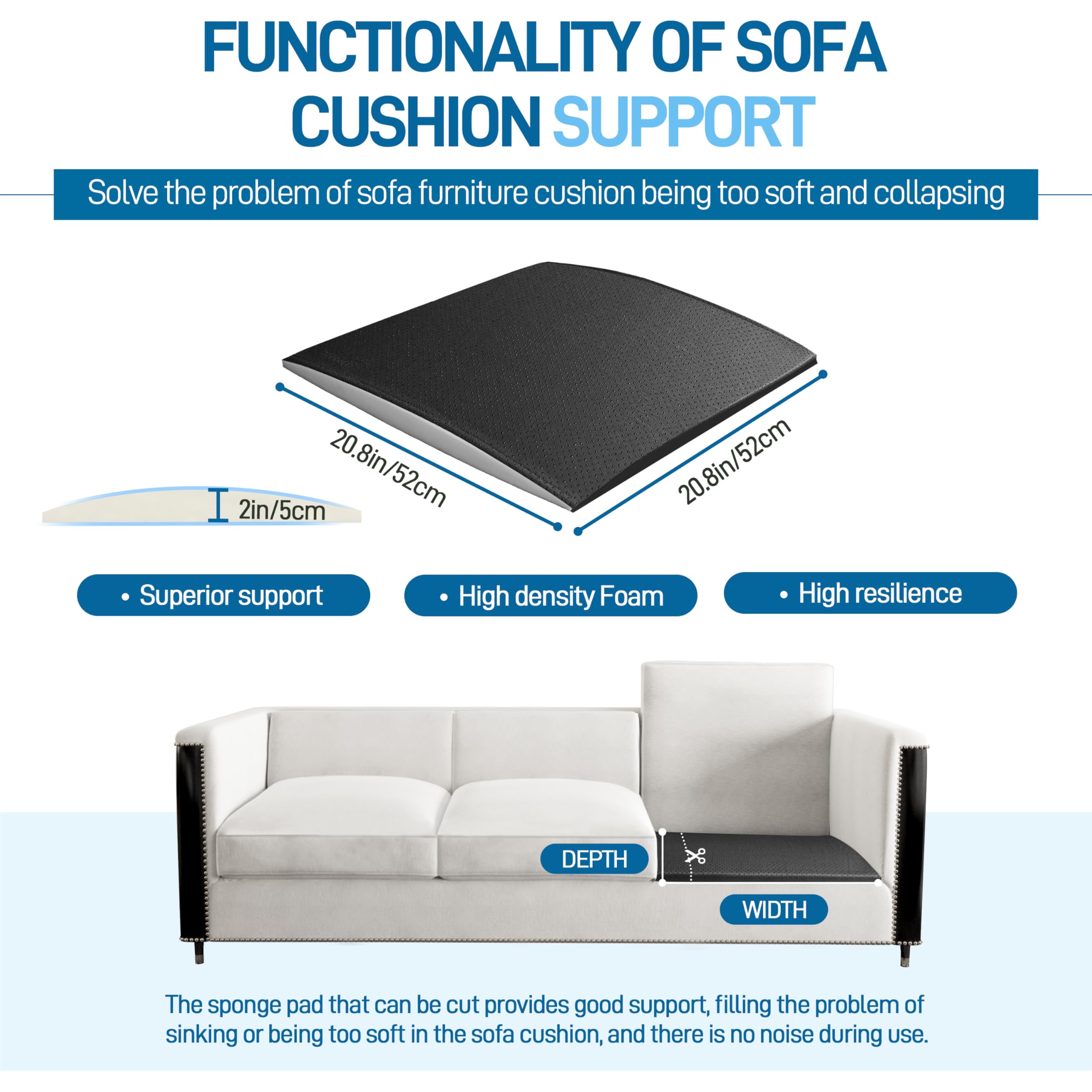 LELEFIDO Couch Cushion Support for Sagging Seat – 52x52CM High-Density Foam Insert pads, Curved Support Boards for Sofa Seat Repair, Furniture Cushion