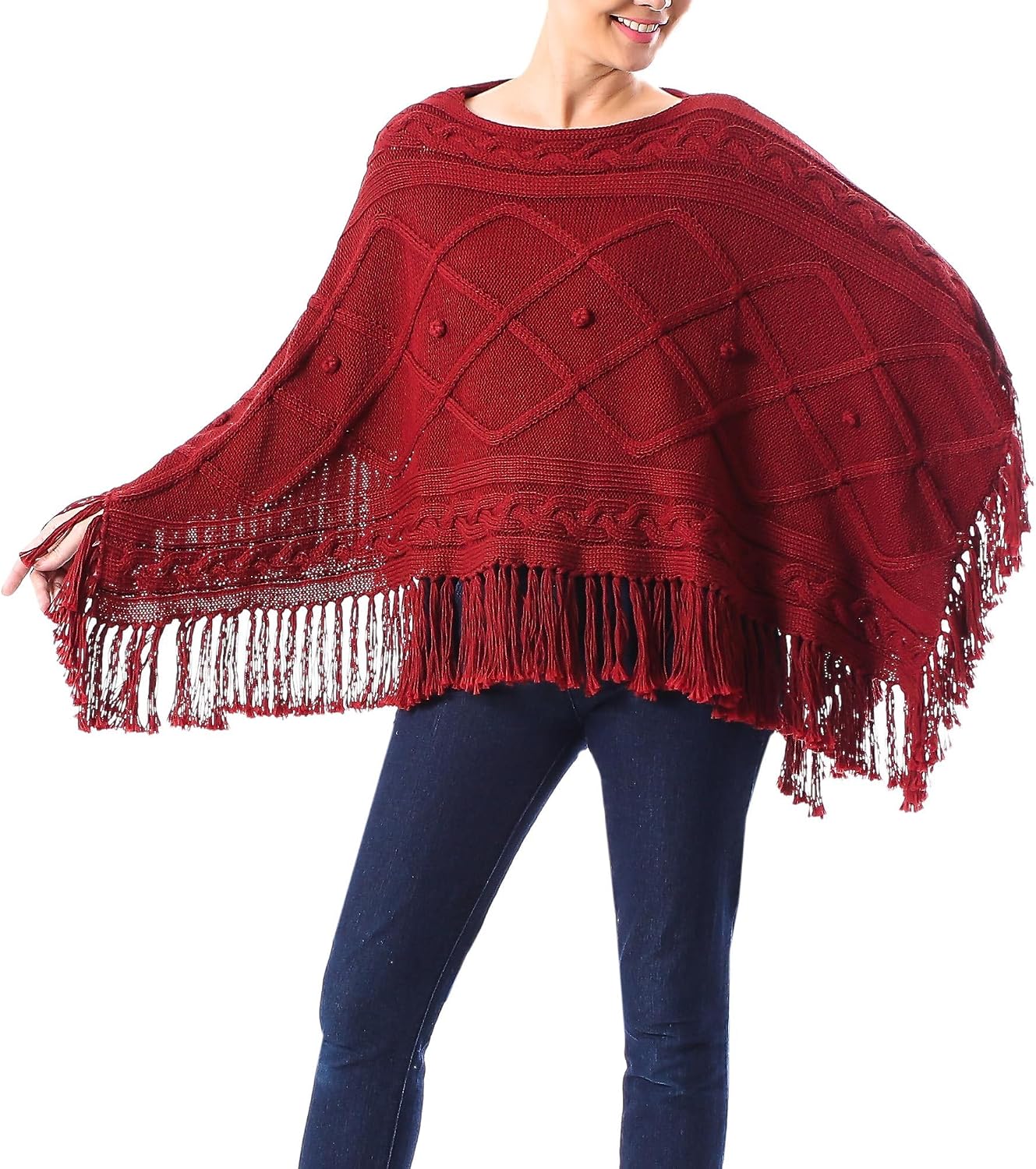 NOVICA Artisan Handmade Cotton Poncho Short Knit in Claret from Thailand Clothing Red Cable ' Incredible in Claret'