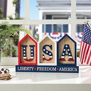 Glitzhome Patriotic Wooden USA Signs Memorial Day Decor, Farmhouse Patriotic USA House Tabletop Signs, 4th of July Liberty Freedom America Letters Blocks for Home Kitchen Party Supplies Decorations
