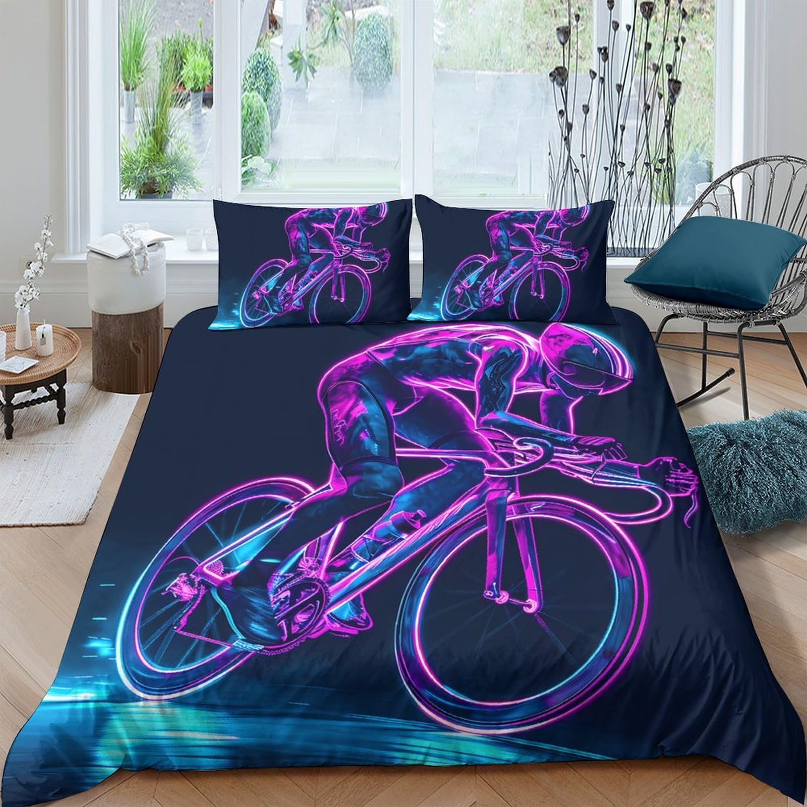 Ctjqhvkz Style-3 3D Printed Neon Cycling Fitted Sheet Microfiber Soft Breathable Futuristic Bike Bed Cover For Bedroom Dorm Decor Single（135X200cm）