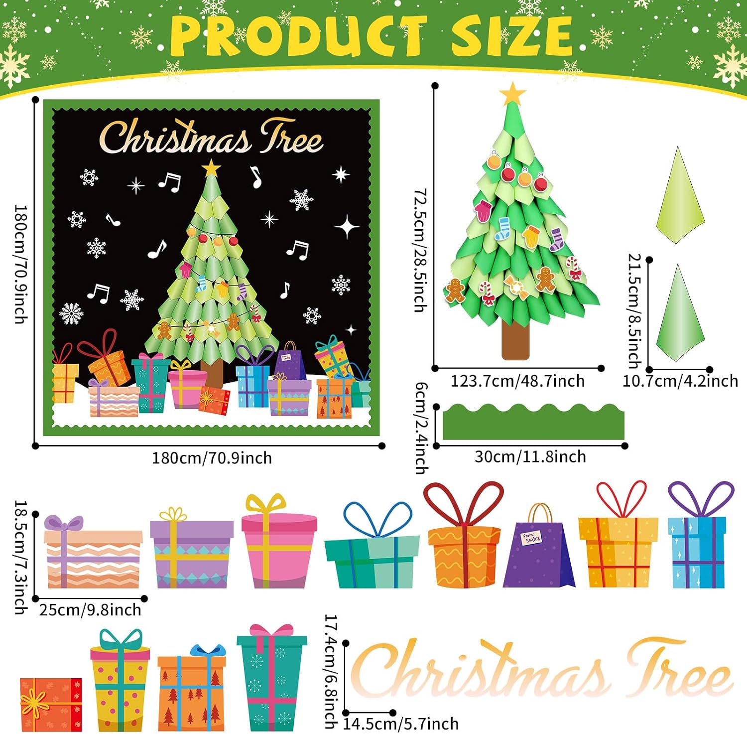 Christmas Tree Bulletin Board Set 3D Christmas Tree Bulletin Board with Gift Boxes Snowflakes Cutouts Xmas DIY Bulletin Board Set for Christmas Winter Holiday Classroom School Home Wall Door Decor