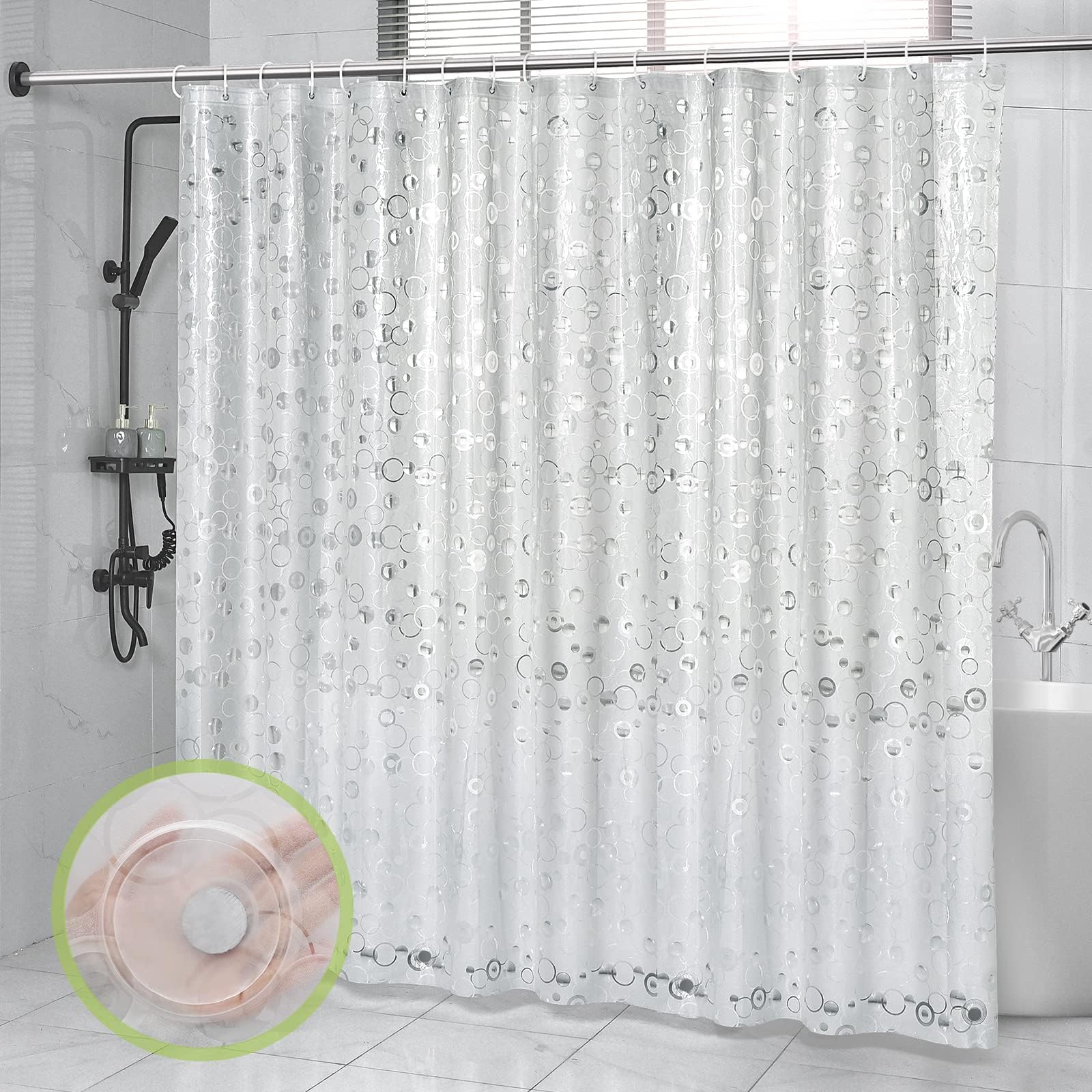 Heavy Duty Shower Curtain 240x200cm EVA Shower Curtain Liner 95 x 79 Inch 3D Frosted Waterproof Shower Curtains Proof Washable Stall Bathroom Bathtub Curtain Liner with 16 Hooks