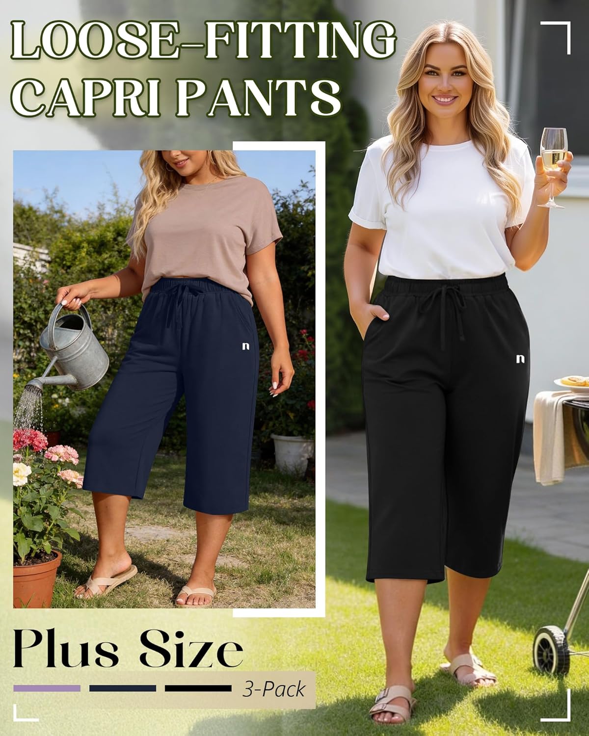 Neer 3 Pack Women's Plus Size Capris,Wide Leg Loose Pants Casual Drawstring Capri Sweatpants Drawstring Pants with Pockets - Image 4