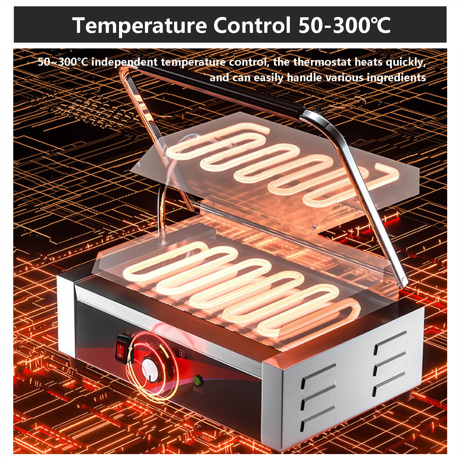 Elektryczny Toster Deep Fill Toastie Maker 50~300℃, Komercyjny Toster Do Kanapek, Nieprzywierająca Płyta Grillowa, Stal Nierdzewna I Rowkowana Konstrukcja(Z 5 Szczypcami Do Grilla),1800W