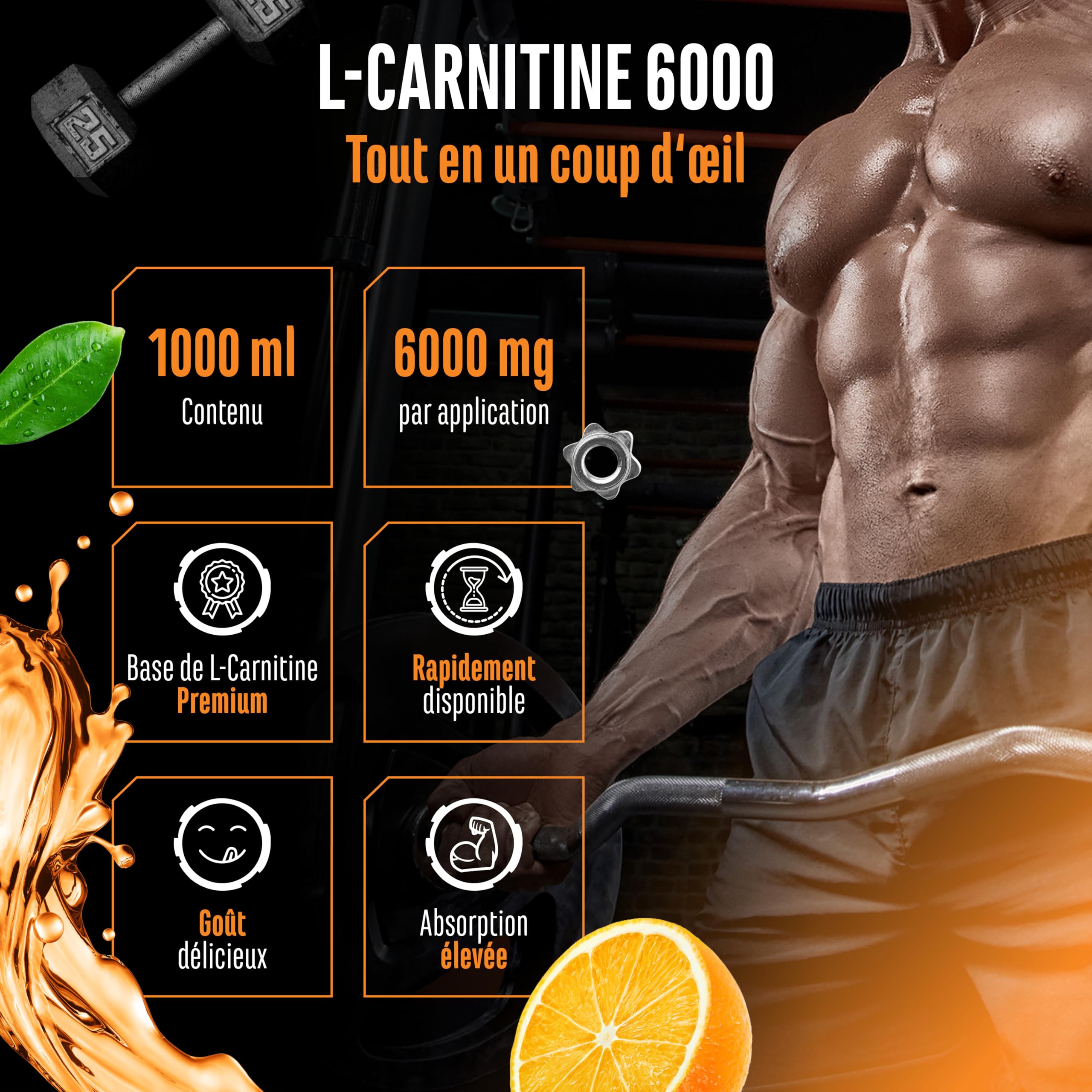 l carnitine gout L-Carnitine 6000 Liquid - 1000 ml - Extra Fortement Dosé avec 6000 mg de L- Carnitine Pure par Portion Journalière - Amino Workout Drink - Goût  Délicieux (Orange Power)