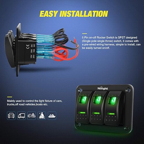 Miniatura 3 de Nilight Panel de interruptor basculante de aluminio de 3 bandas, tablero de palanca de 5 pines, encendido y apagado, pre-cableado verde,