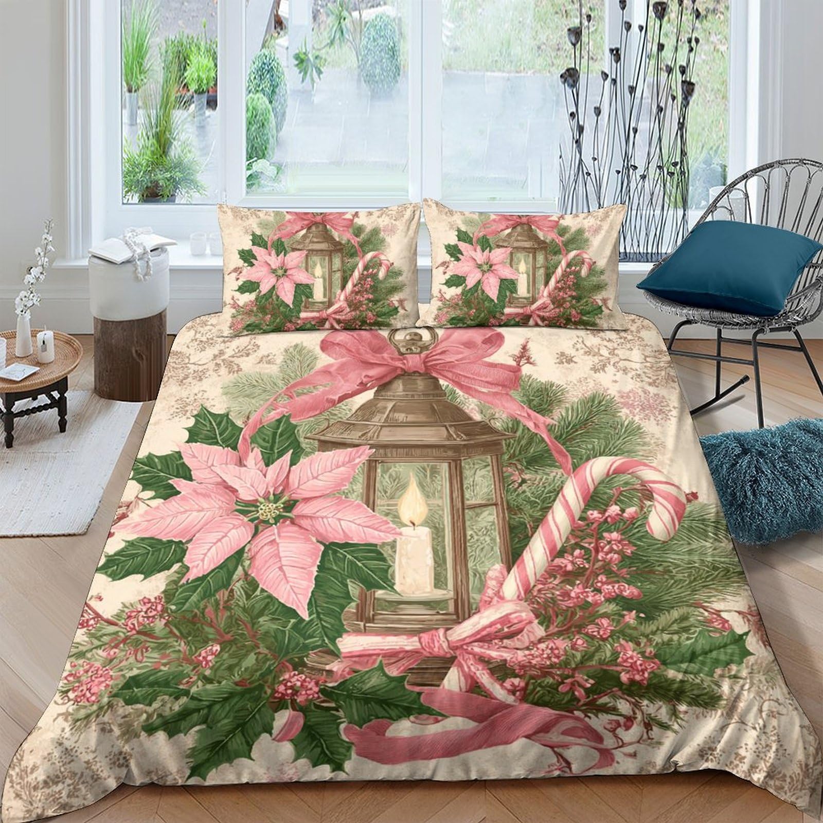 TUFRTGYHN 3D Printed Vintage Lantern Duvet Cover Microfiber Pink Poinsettia Quilt Cover with 2 Pillowcases for Bedroom Use Single（135x200cm）