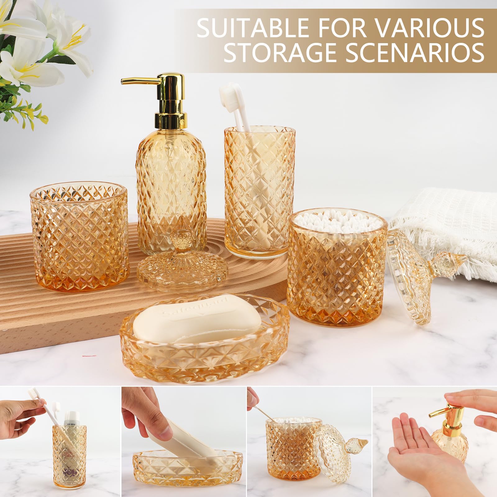 Set di 5 accessori da bagno in vetro dorato, dispenser di sapone con portasapone, portaspazzolino, contenitore di cotone, bicchiere, decorazione moderna per il bagno